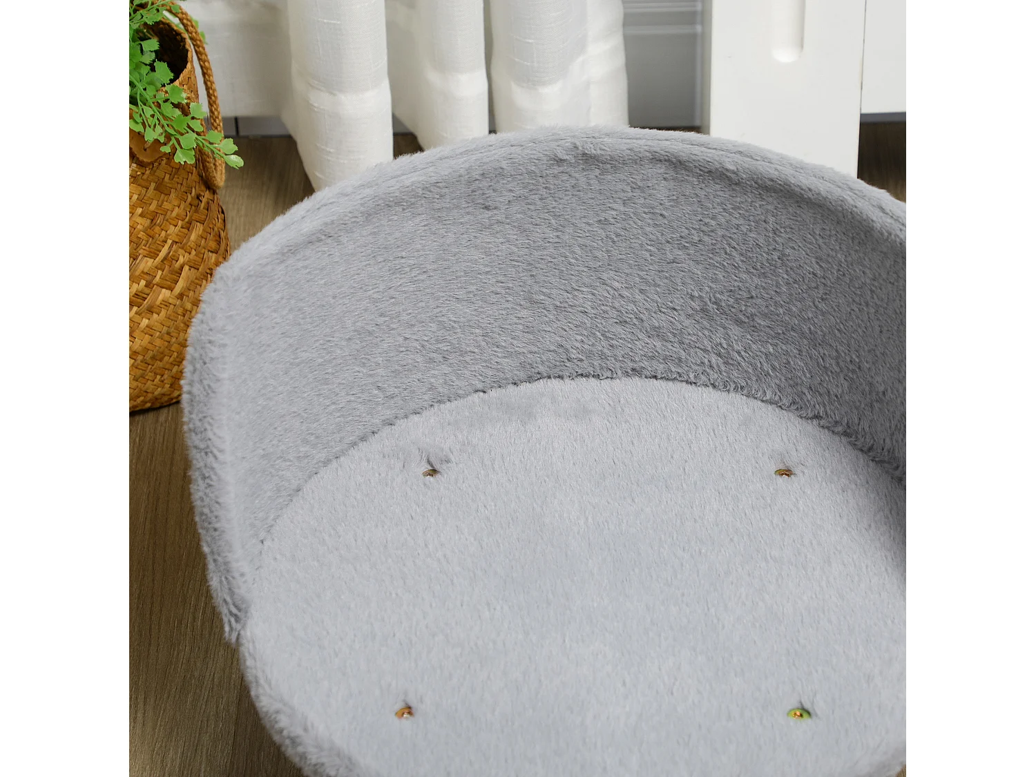 Divano per cani rotondo in tessuto di peluche e legno con cuscino