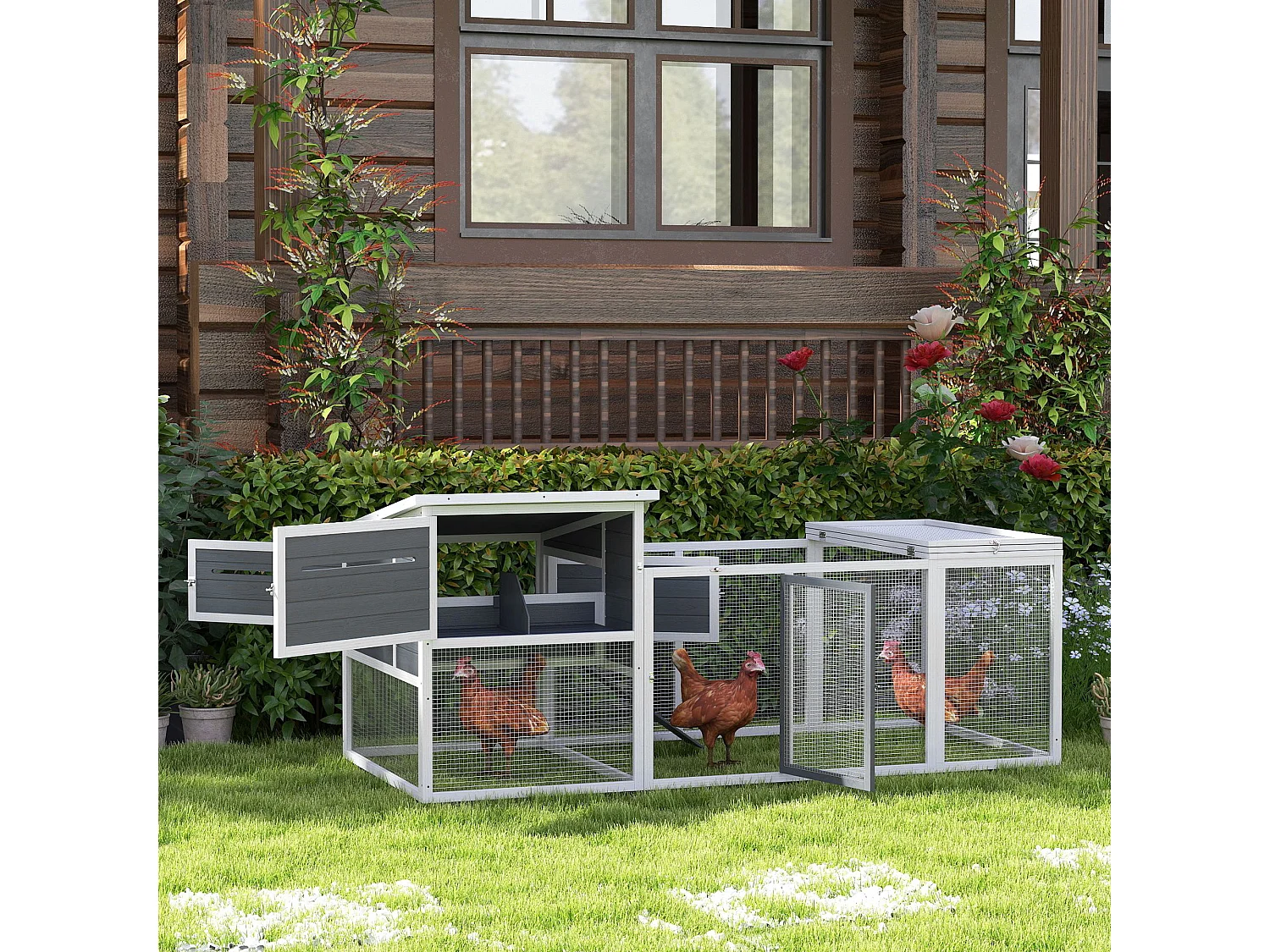 Pollaio per galline con casetta, nido per cova e area esterna grigio