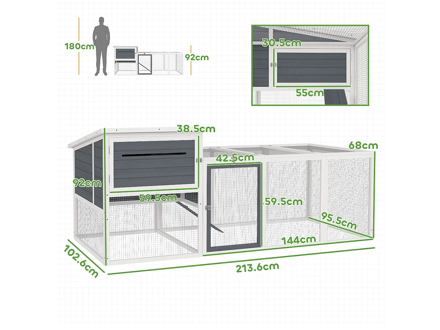 Pollaio per galline con casetta, nido per cova e area esterna grigio