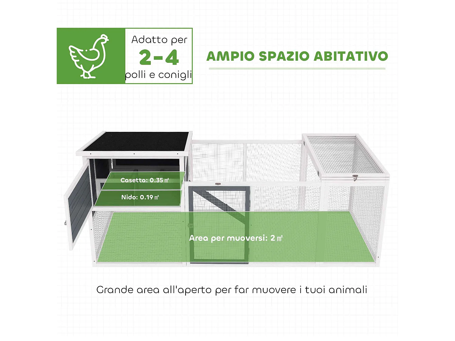 Pollaio per galline con casetta, nido per cova e area esterna grigio