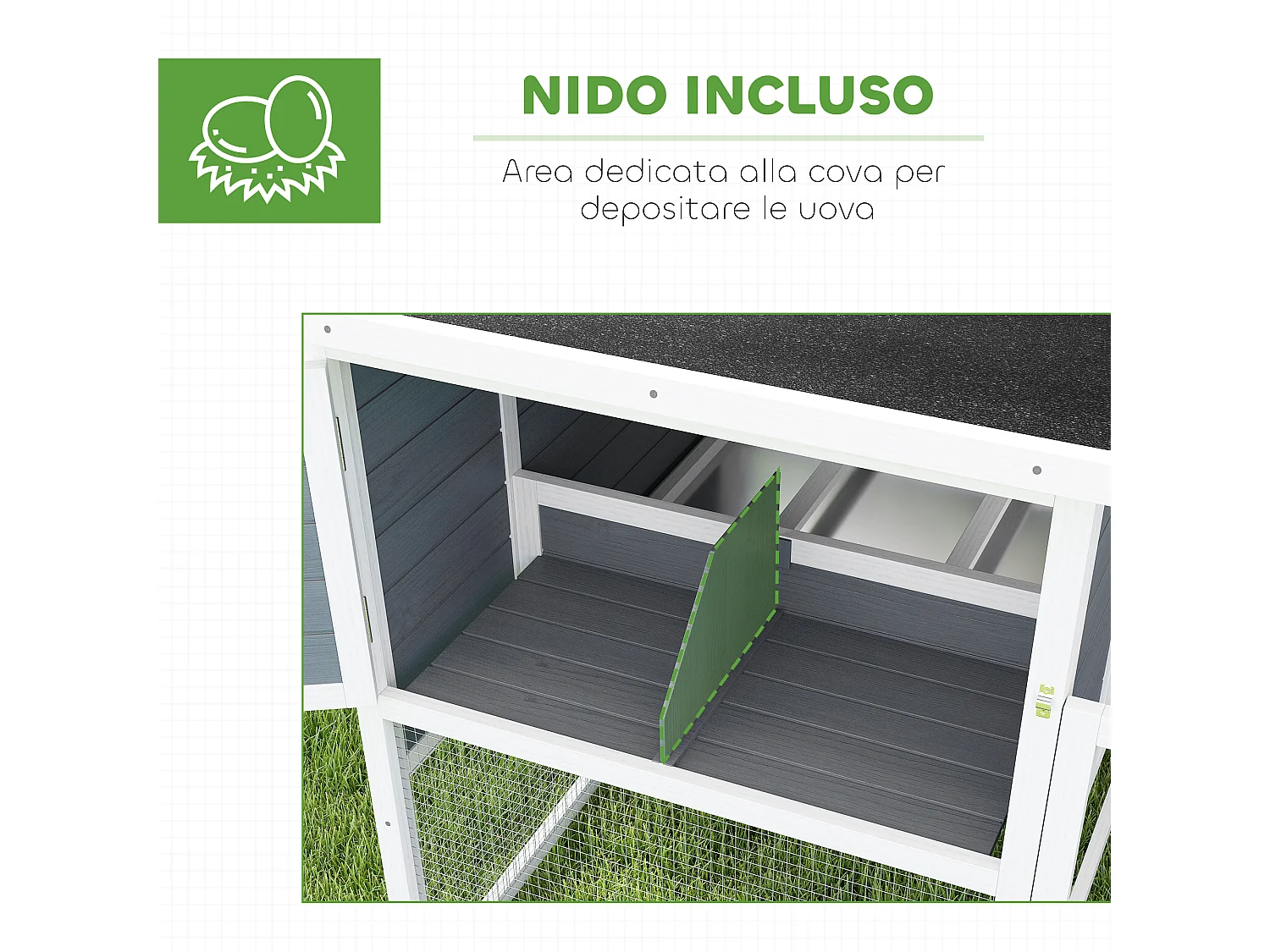 Pollaio per galline con casetta, nido per cova e area esterna grigio