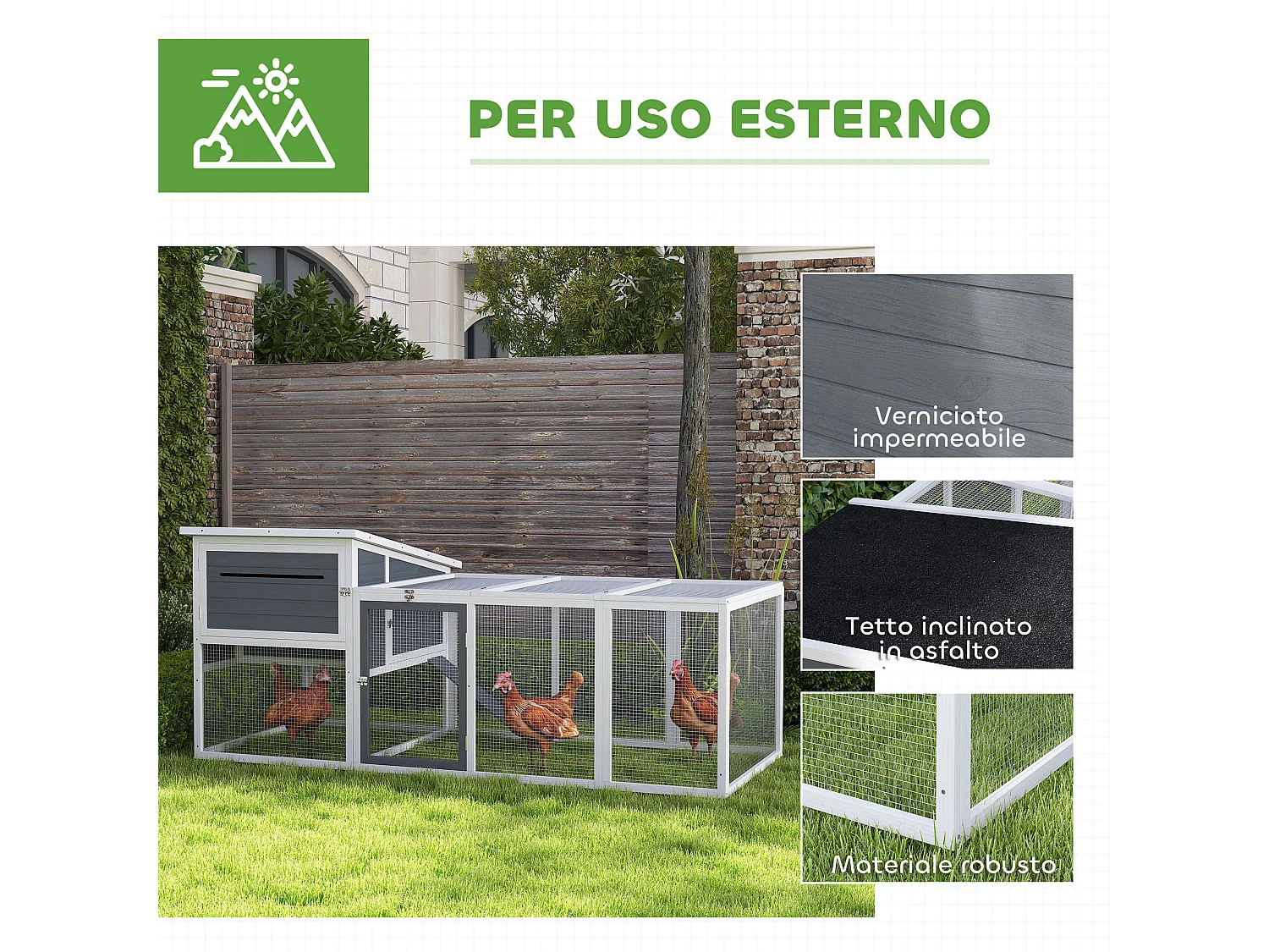 Pollaio per galline con casetta, nido per cova e area esterna grigio