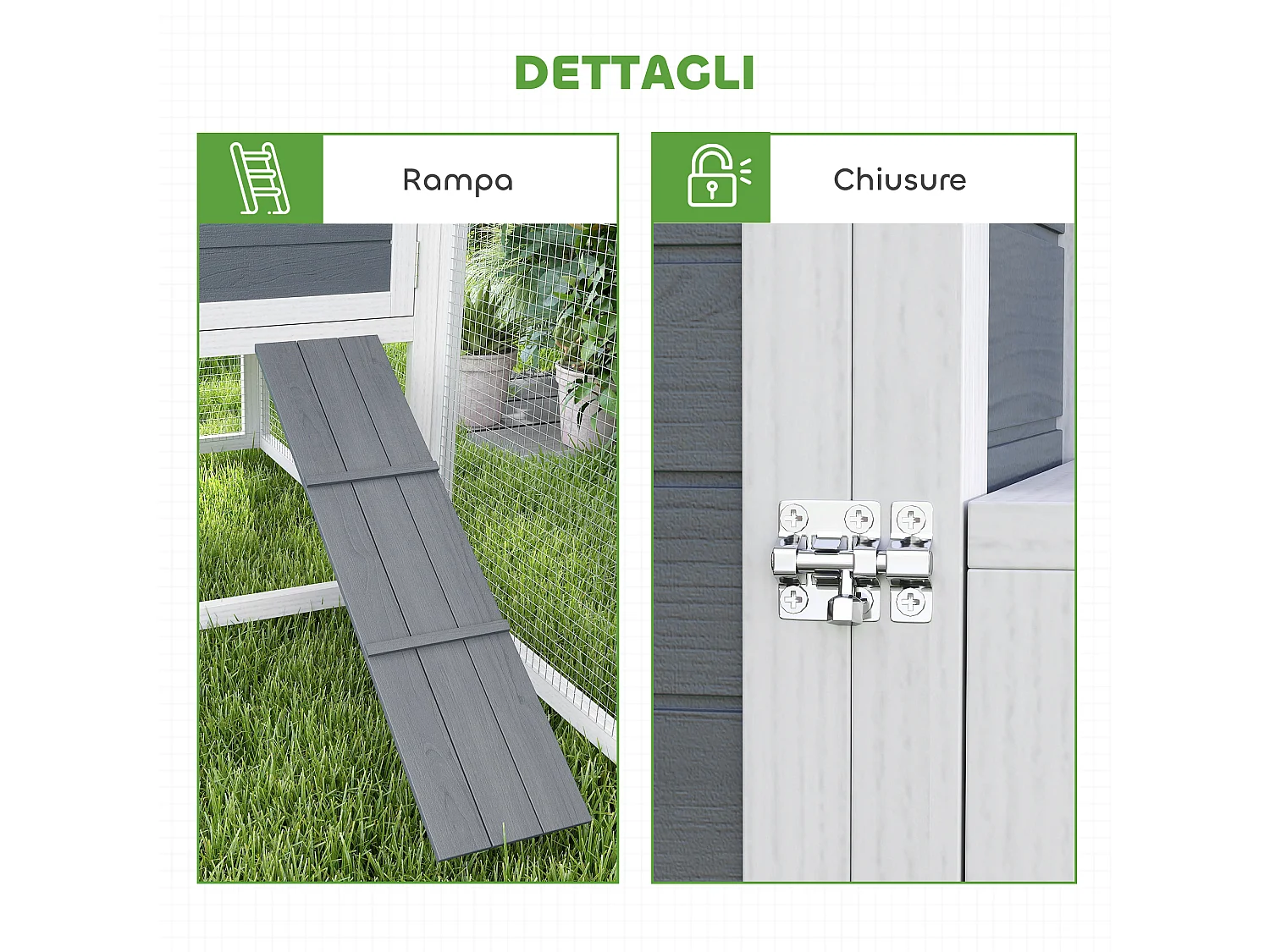 Pollaio per galline con casetta, nido per cova e area esterna grigio