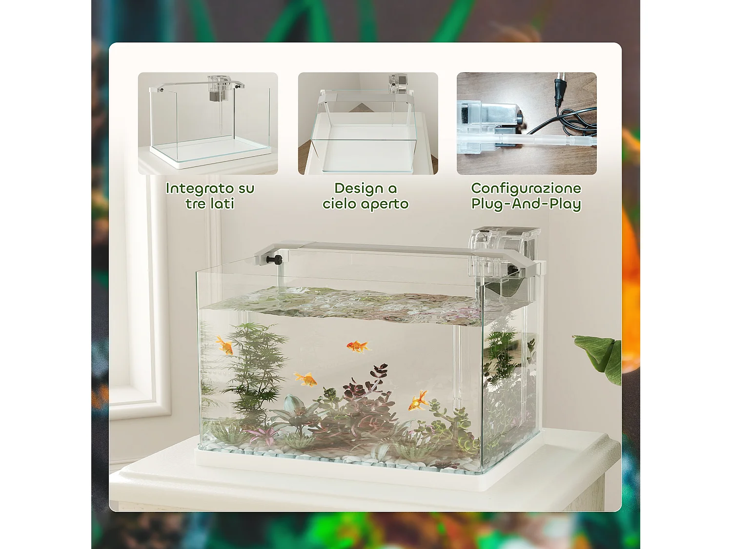 Acquario in vetro con luci led da 20l, filtro e pompa d'acqua bianco