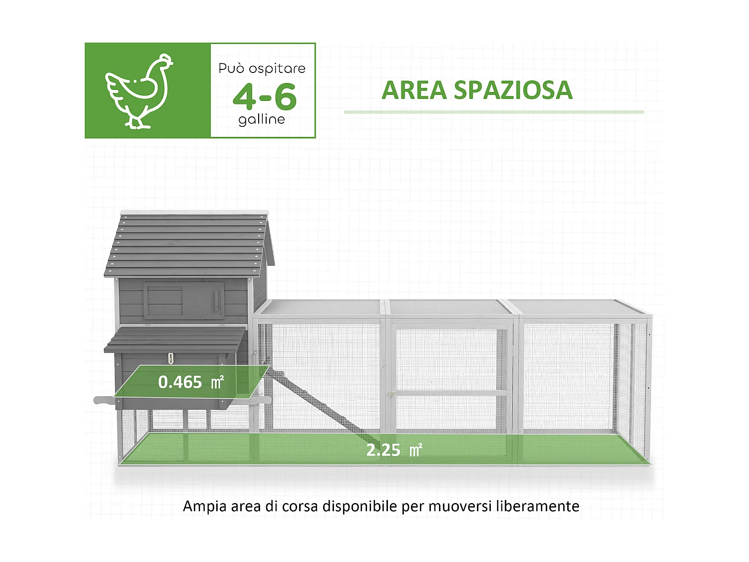 Pollaio da giardino con casetta per galline, rampa e area aperta grigio