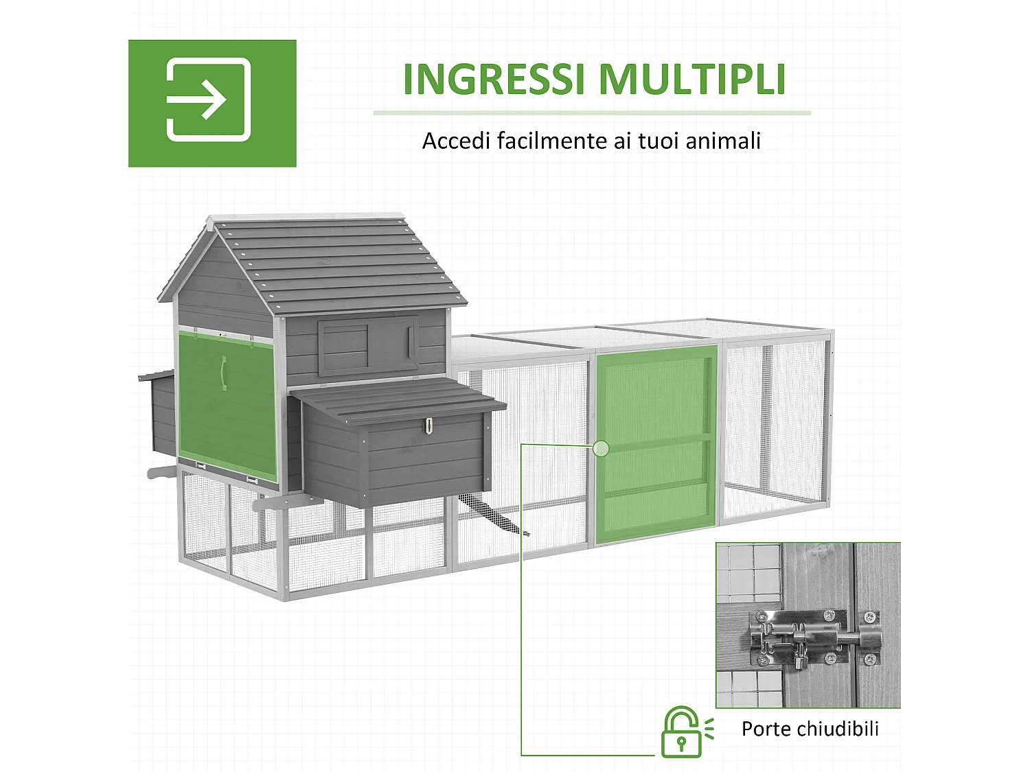 Pollaio da giardino con casetta per galline, rampa e area aperta grigio