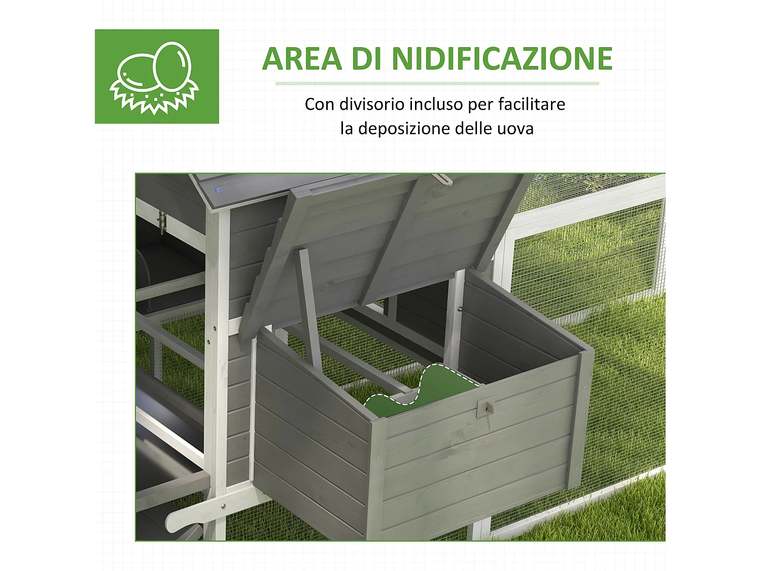 Pollaio da giardino con casetta per galline, rampa e area aperta grigio