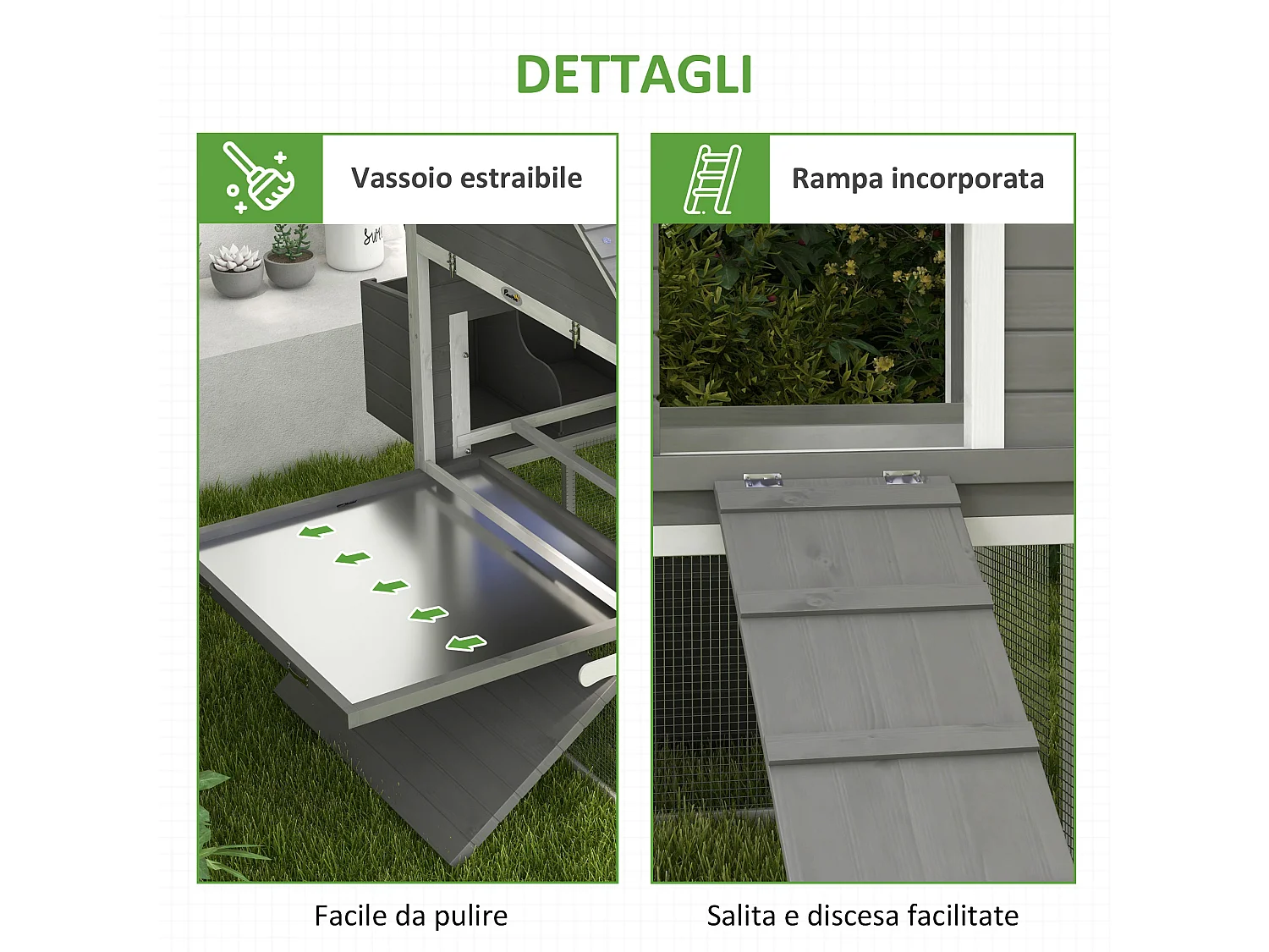 Pollaio da giardino con casetta per galline, rampa e area aperta grigio