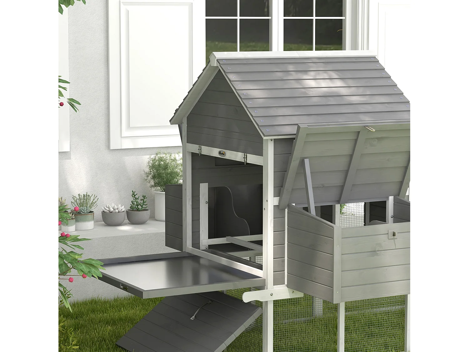 Pollaio da giardino con casetta per galline, rampa e area aperta grigio