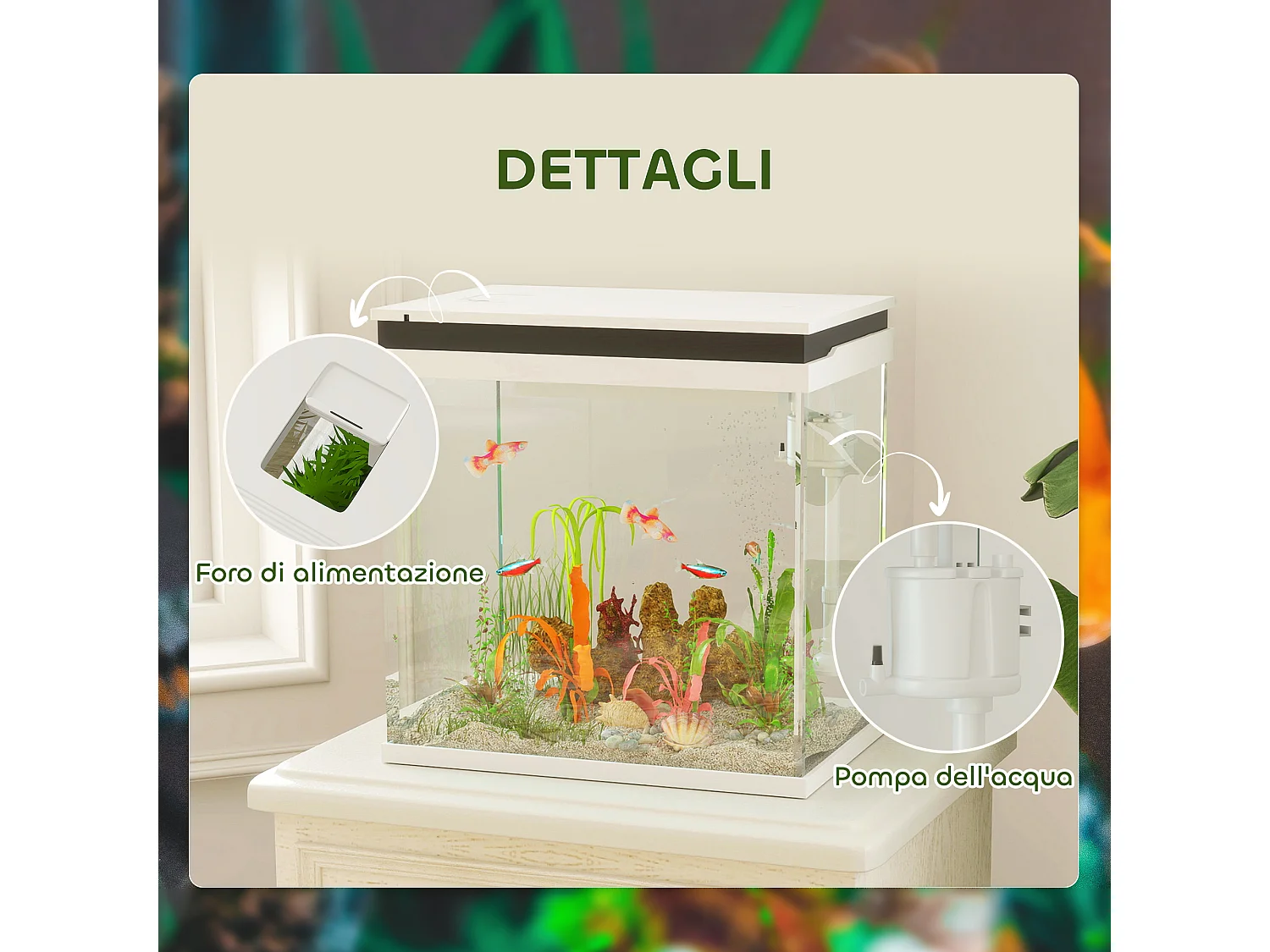 Acquario per pesci 26l con luci led e sistema di filtraggio 38x26x38 cm