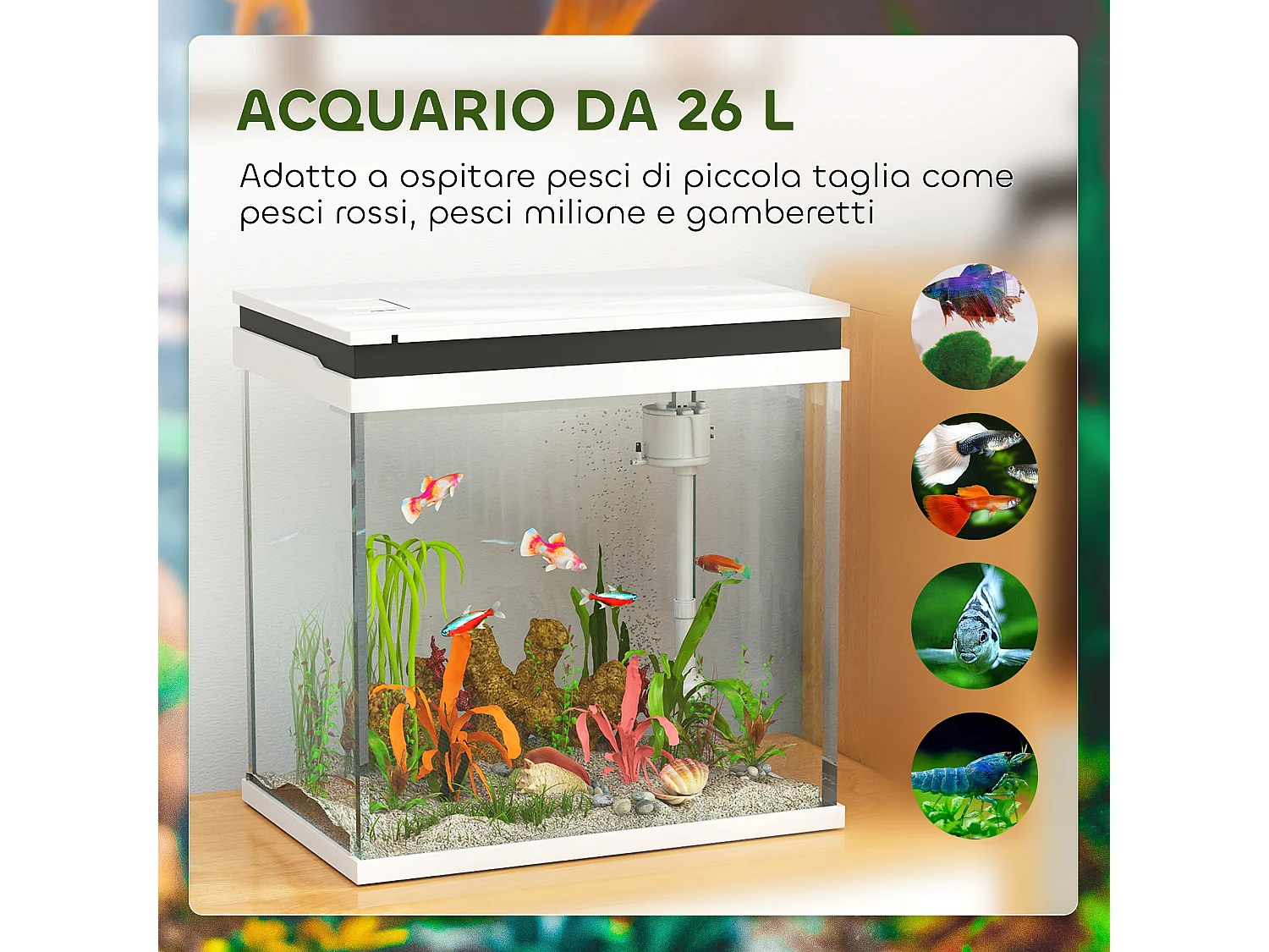 Acquario per pesci 26l con luci led e sistema di filtraggio 38x26x38 cm