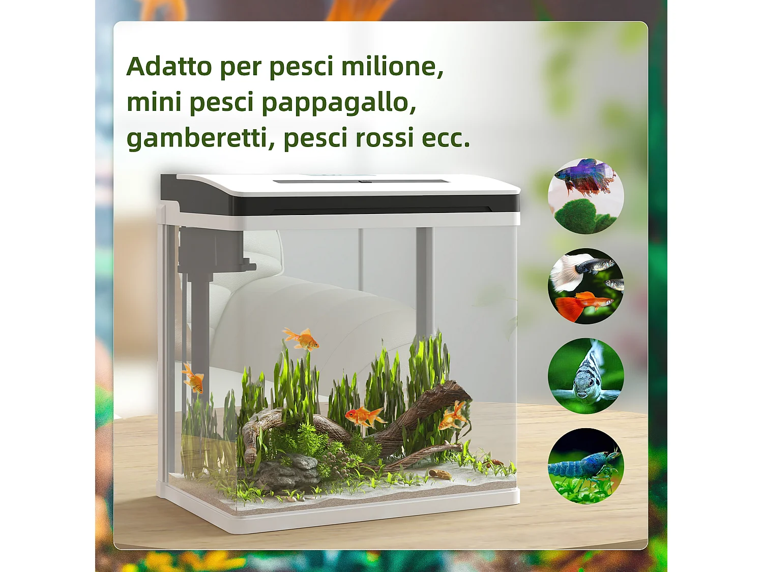 Acquario 13l a illuminazione led con pompa silenziosa in vetro e abs