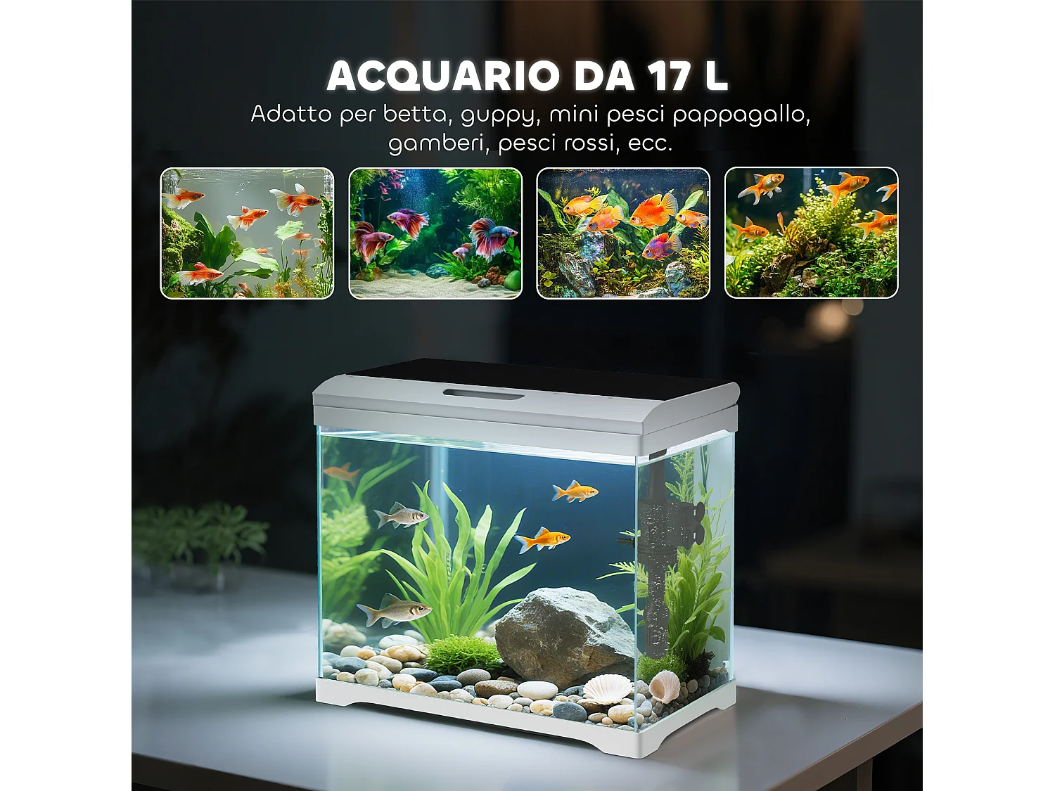 Acquario per pesci 17l con luci led, pompa d'acqua e filtro 35x21x31cm