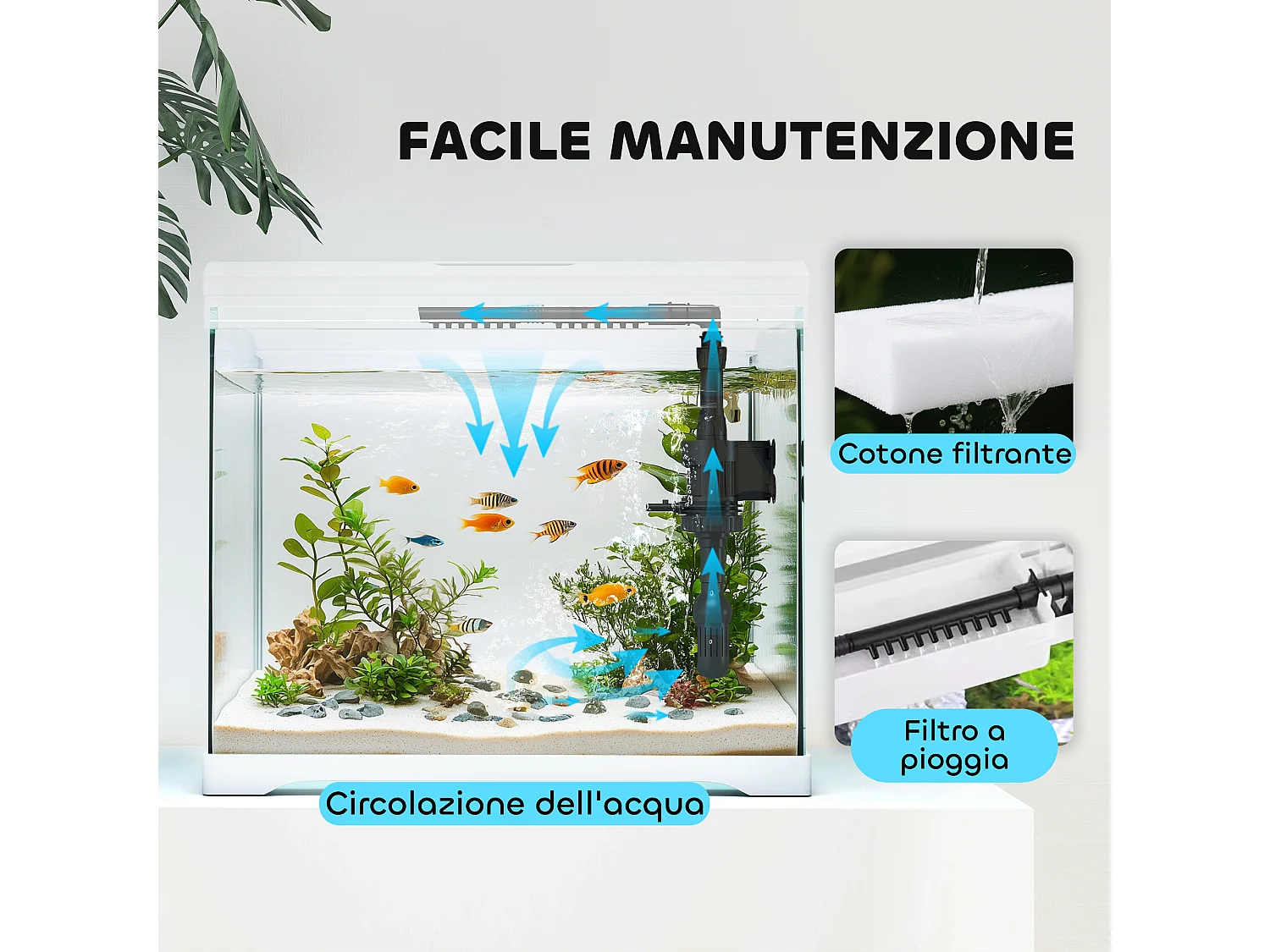 Acquario per pesci 17l con luci led, pompa d'acqua e filtro 35x21x31cm