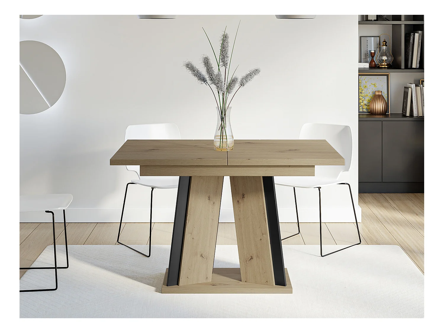 Table Goodyear 129, Noir|Chêne Artisan, 75x80x120cm, Allongement, Stratifié