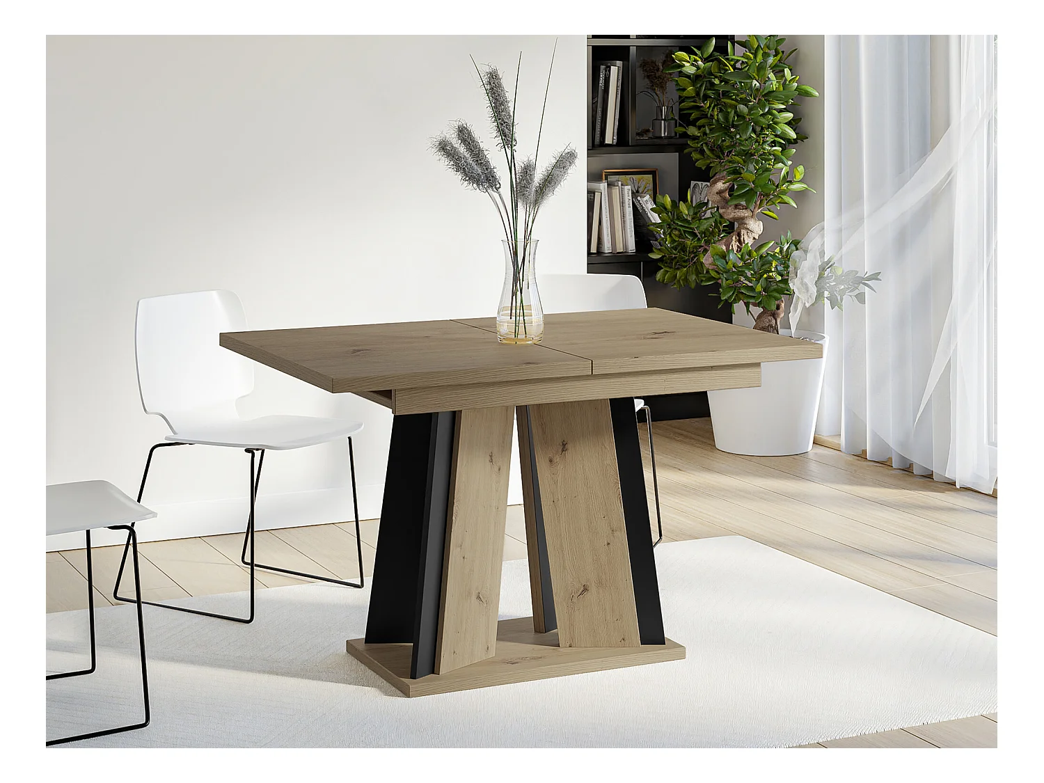 Mesa Goodyear 129, Negro|Roble Artisan, 75x80x120cm, Alargamiento, Aglomerado laminado