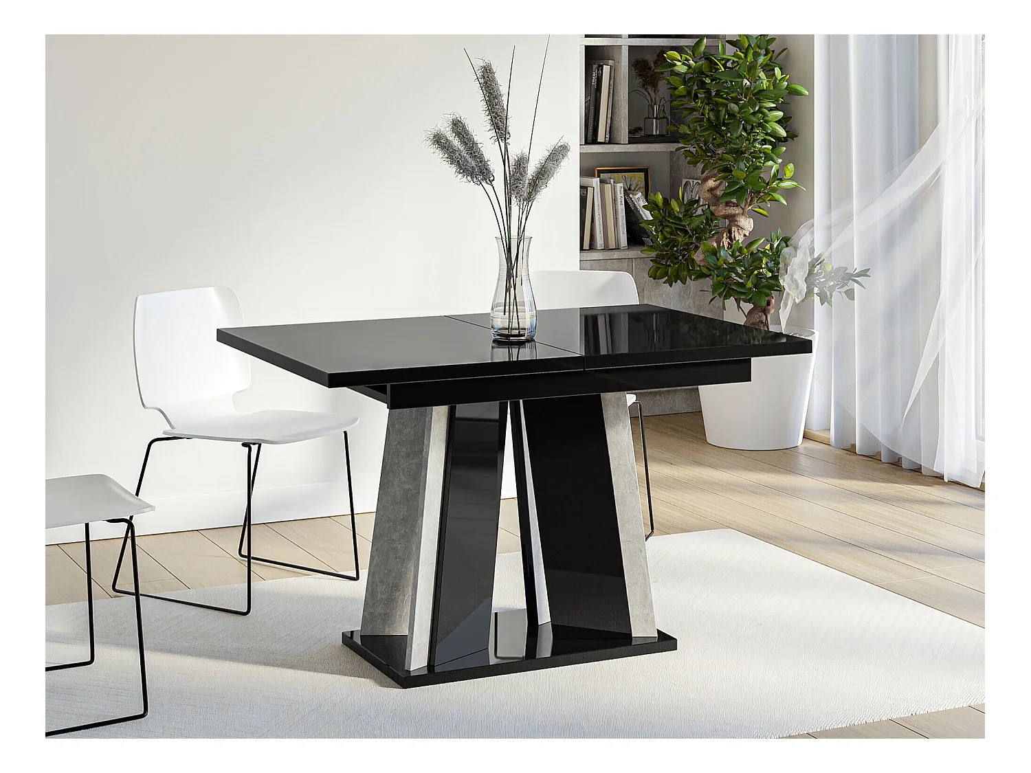 Table Goodyear 129, Noir brillant|Béton, 75x80x120cm, Allongement, Stratifié