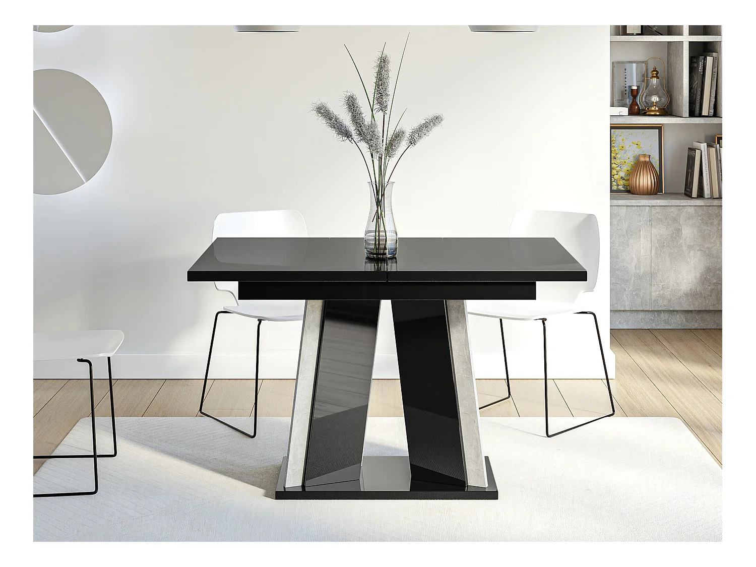 Table Goodyear 129, Noir brillant|Béton, 75x80x120cm, Allongement, Stratifié