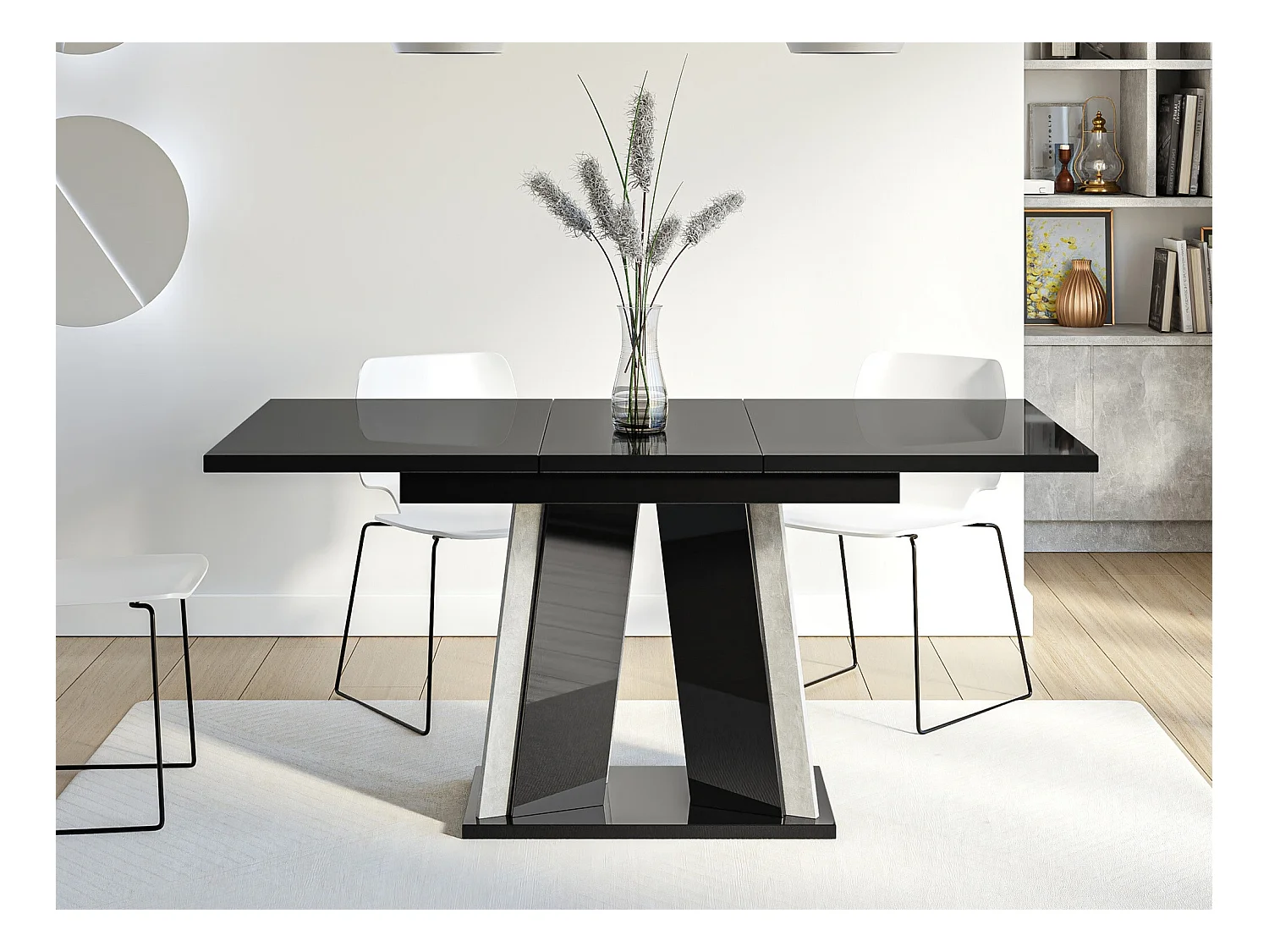 Table Goodyear 129, Noir brillant|Béton, 75x80x120cm, Allongement, Stratifié