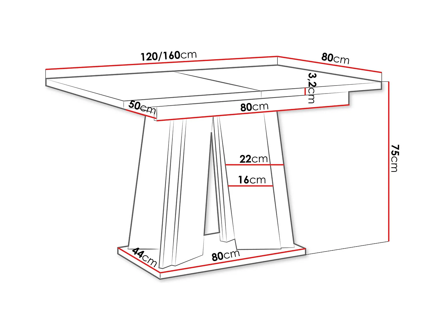Table Goodyear 129, Noir brillant|Béton, 75x80x120cm, Allongement, Stratifié