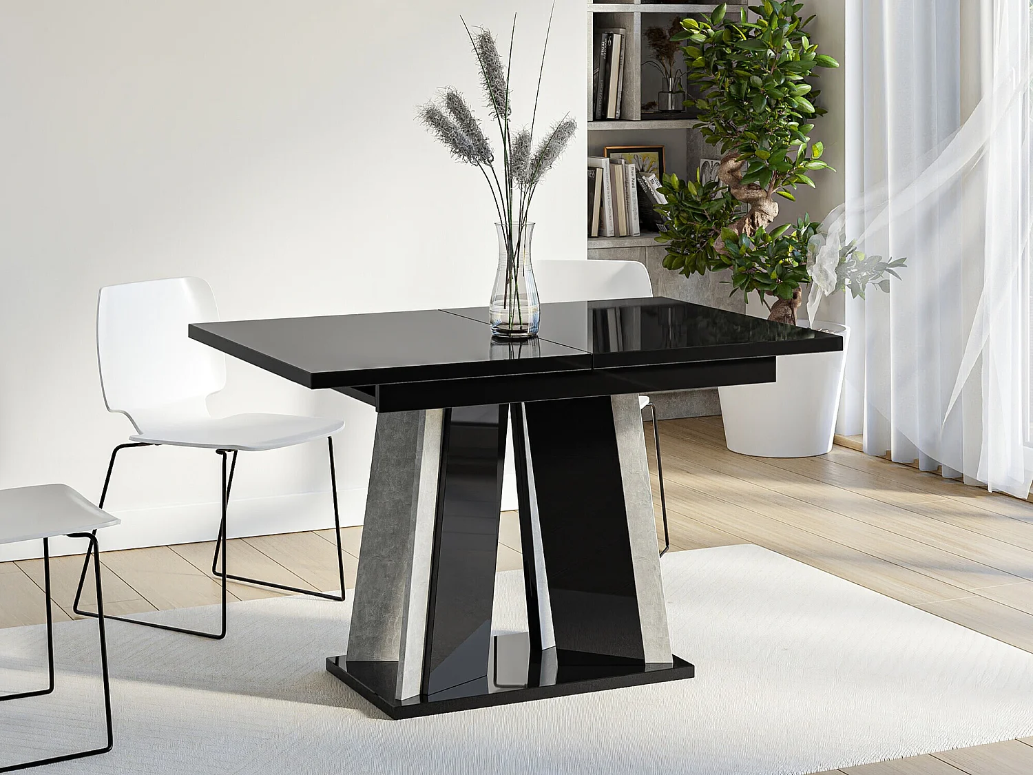 Table Goodyear 129, Béton|Noir brillant, 75x80x120cm, Allongement, Stratifié