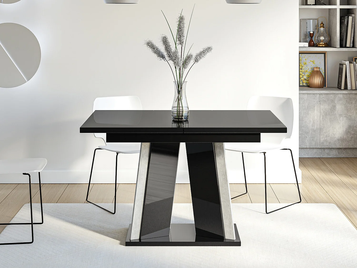 Table Goodyear 129, Béton|Noir brillant, 75x80x120cm, Allongement, Stratifié