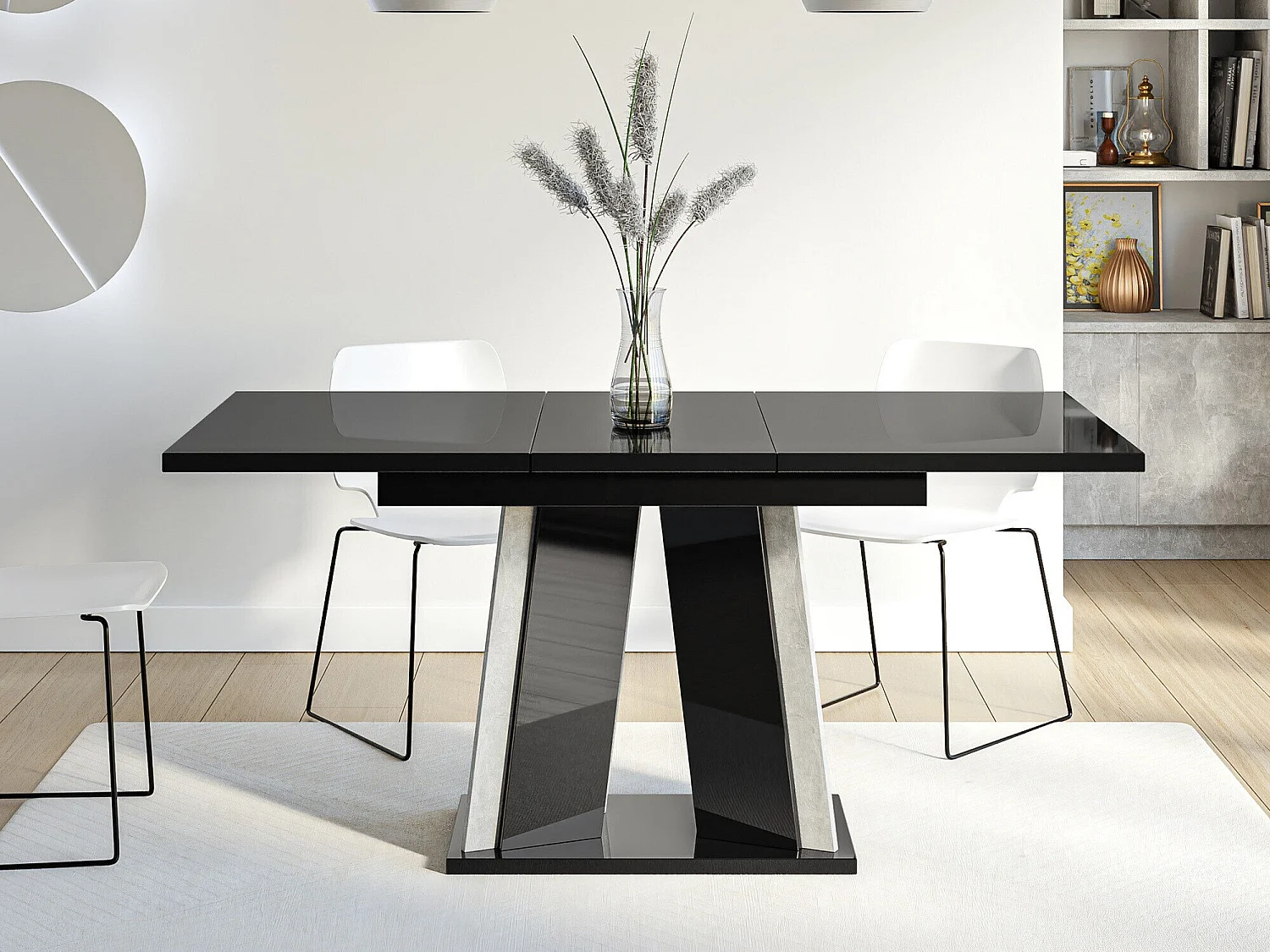 Table Goodyear 129, Béton|Noir brillant, 75x80x120cm, Allongement, Stratifié