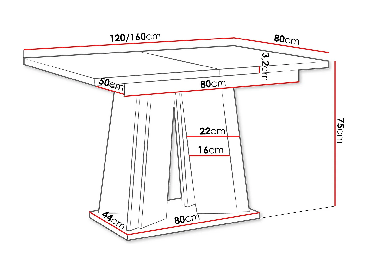 Table Goodyear 129, Béton|Noir brillant, 75x80x120cm, Allongement, Stratifié