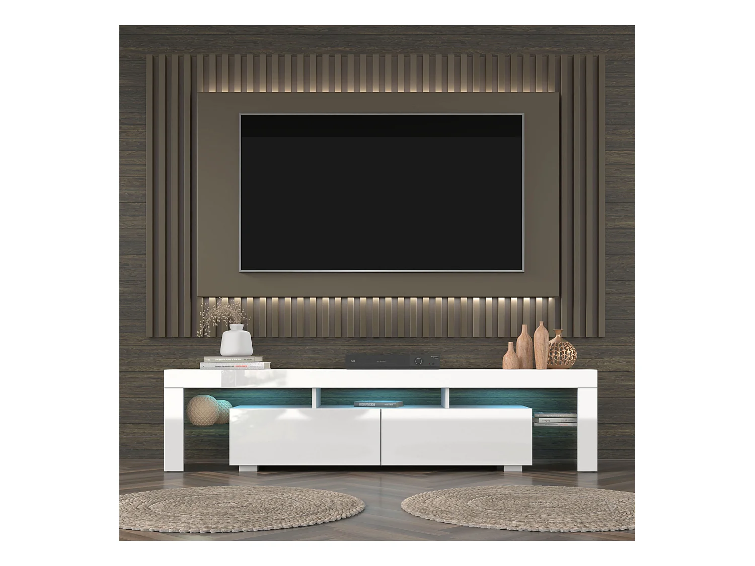 Mueble de TV Panama 190 cm blanco / blanco brillo + LED