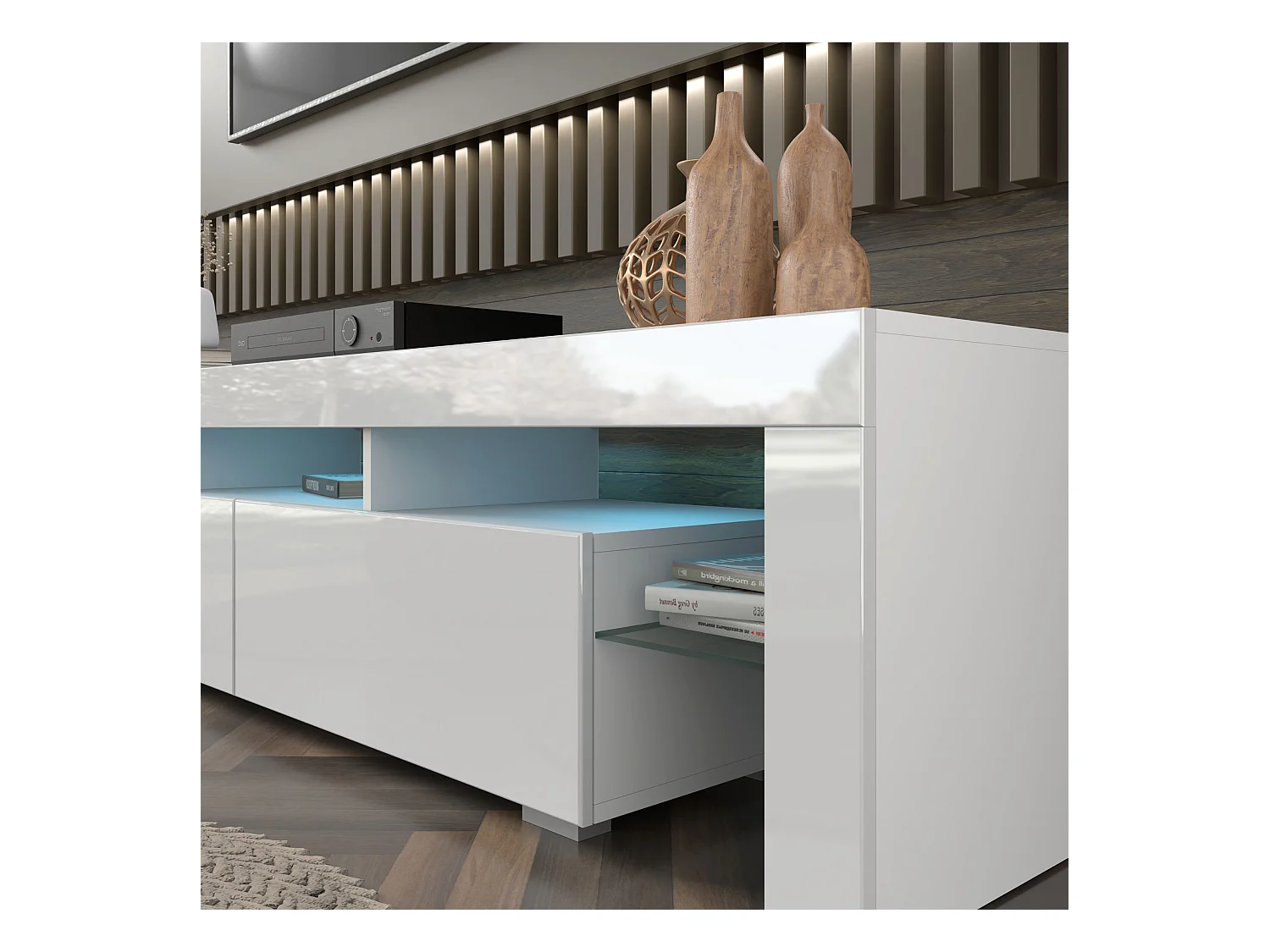 Mueble de TV Panama 190 cm blanco / blanco brillo + LED