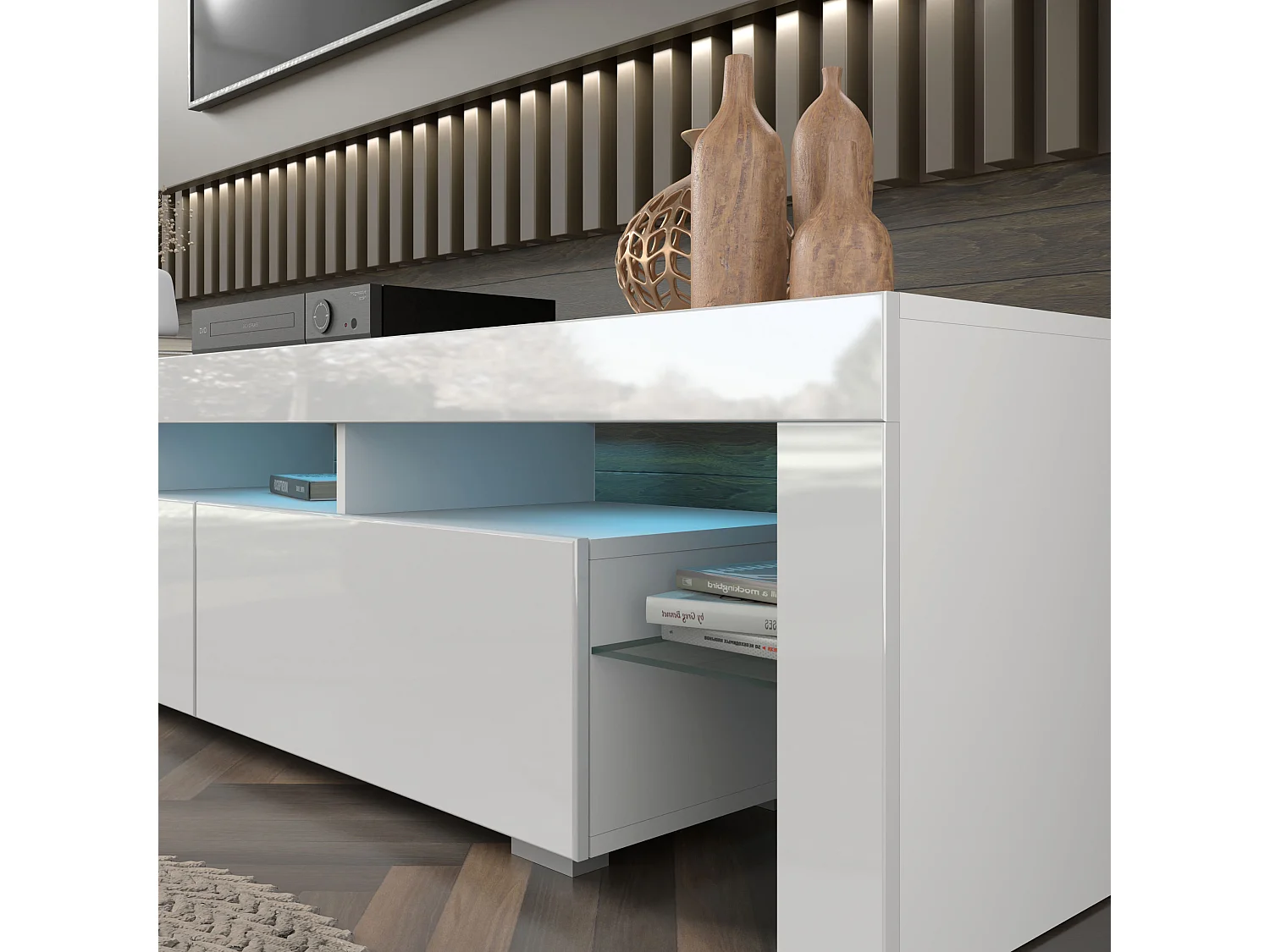 TV-meubel Panama 190 cm wit / wit hoogglans + LED