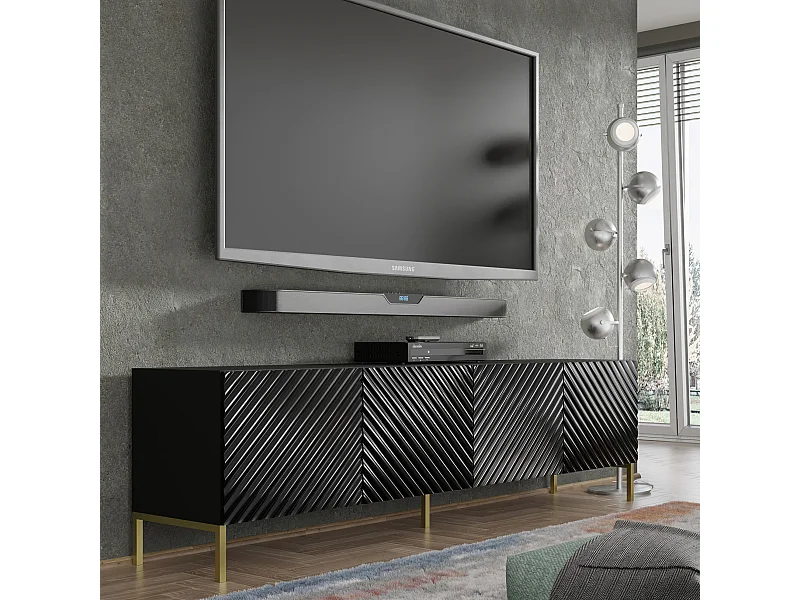 TV-Schrank SURF 200 cm 4D-Fräsung hochglanz schwarz auf goldenen beinen