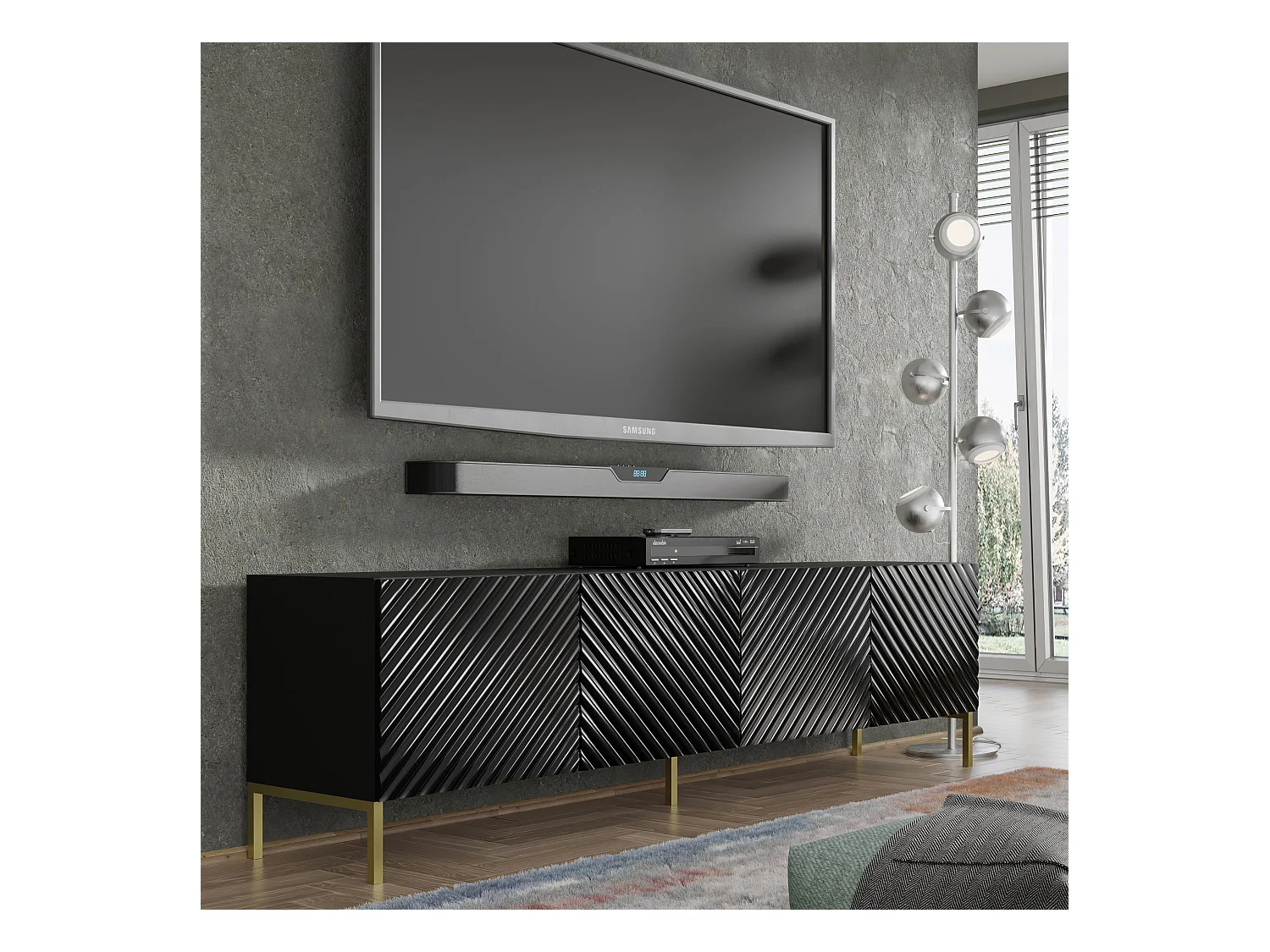 TV-Schrank SURF 200 cm 4D-Fräsung hochglanz schwarz auf goldenen beinen