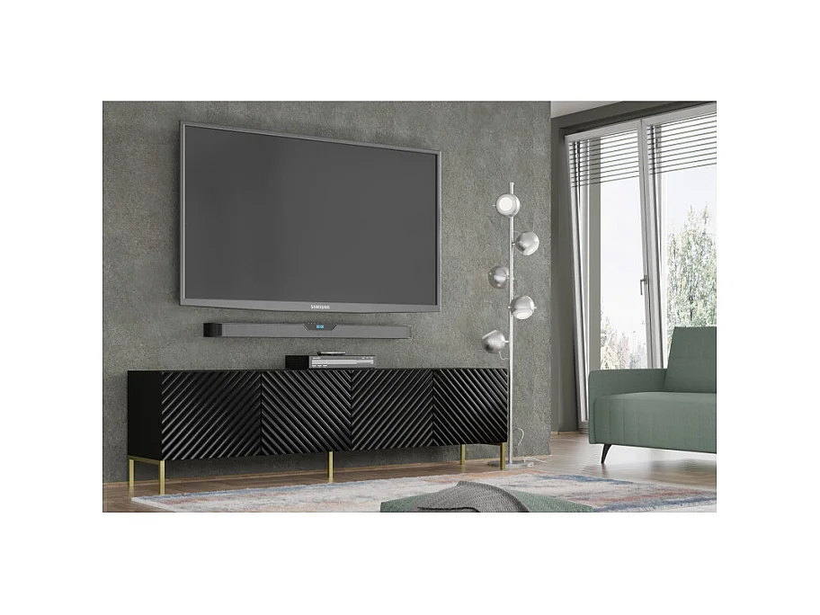 TV-Schrank SURF 200 cm 4D-Fräsung hochglanz schwarz auf goldenen beinen