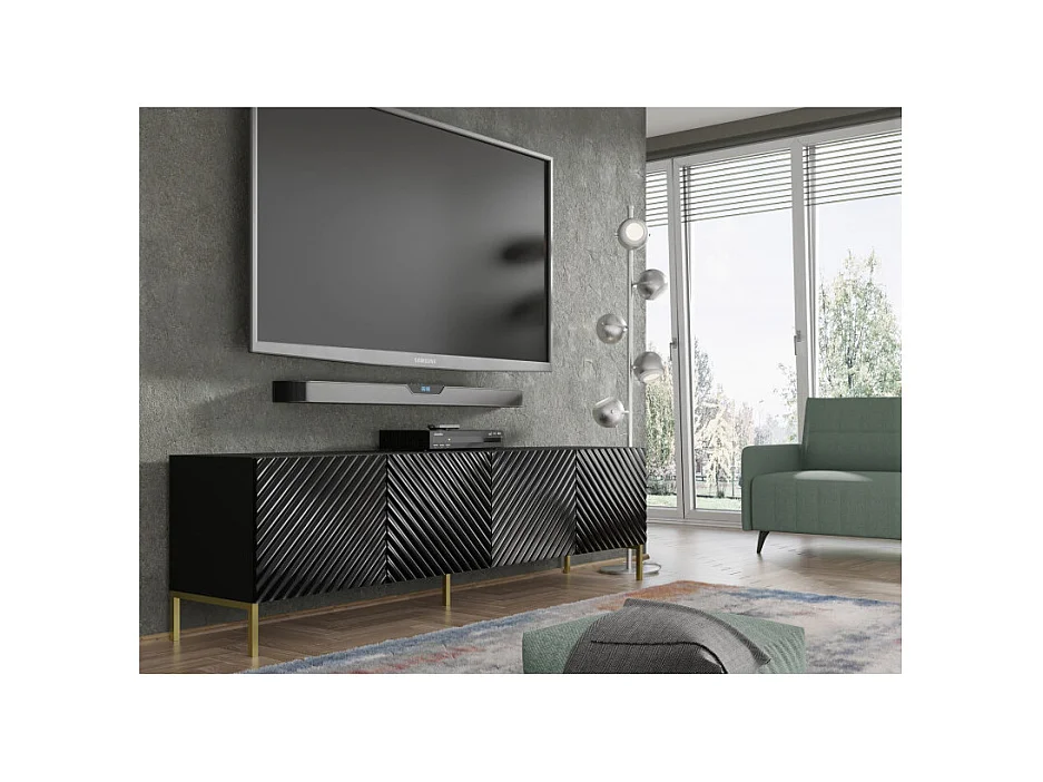 TV-Schrank SURF 200 cm 4D-Fräsung hochglanz schwarz auf goldenen beinen