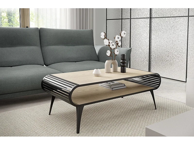 Table basse luxueuse et moderne en chêne Halifax avec pieds en métal noir et finition haut de gamme STILO