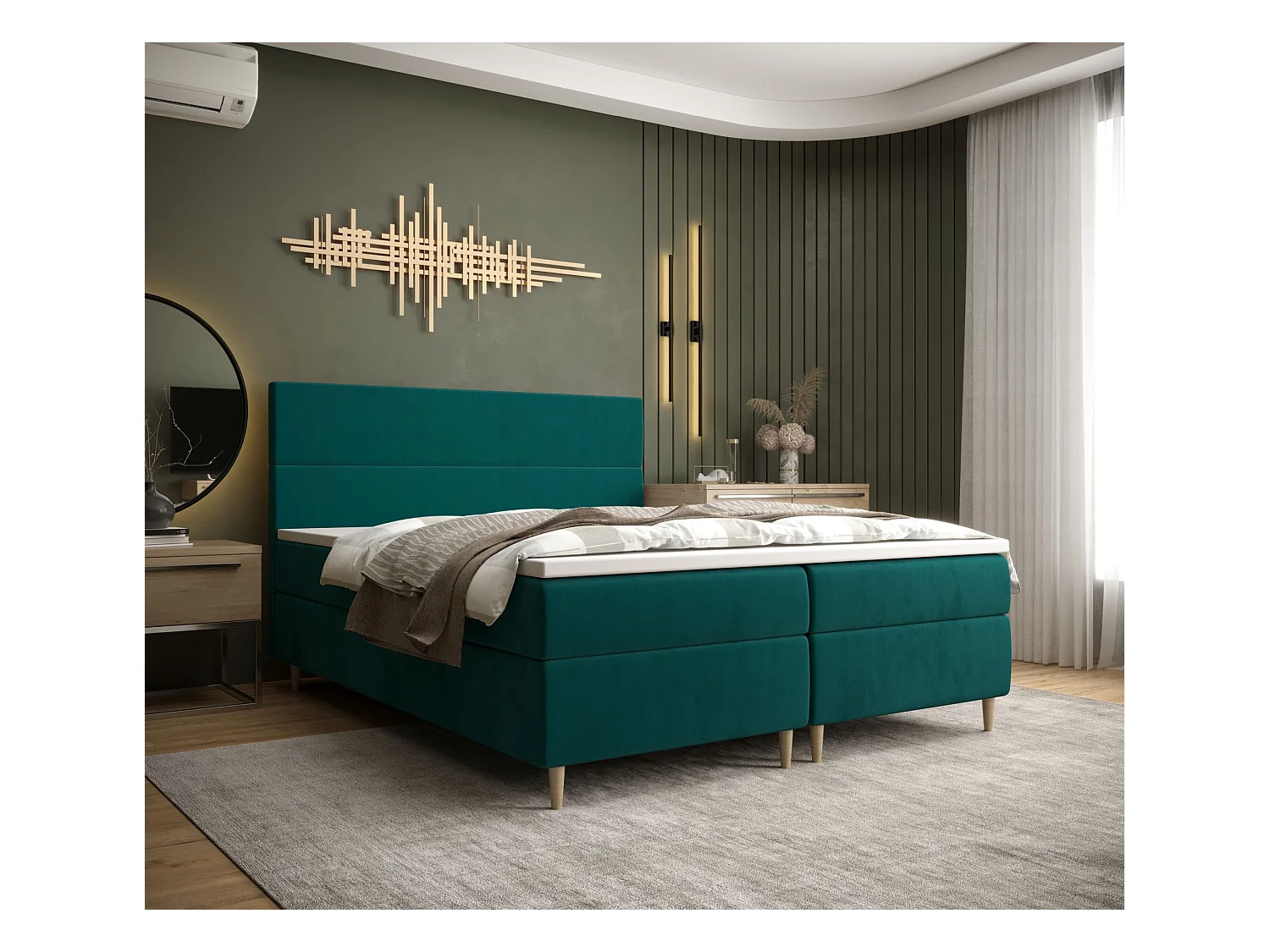 BEDANTE Lit boxspring FLO 140x200 Itaka 39 Vert Lit Litkasten Lit simple Lit d'hôtel Surmatelas Matelas Chambre à coucher Espace de rangement
