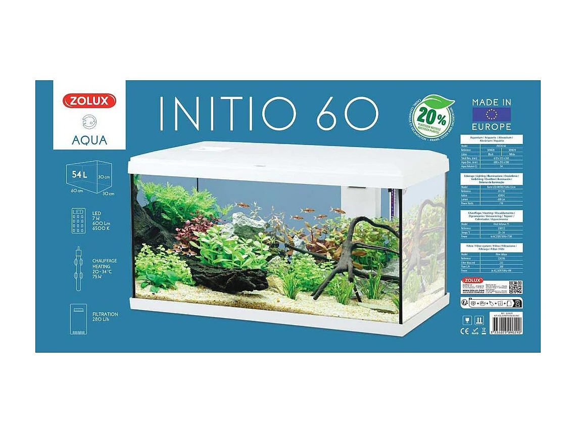 Kit aquarium eau douce avec éclairage et filtres Initio 54 litres
