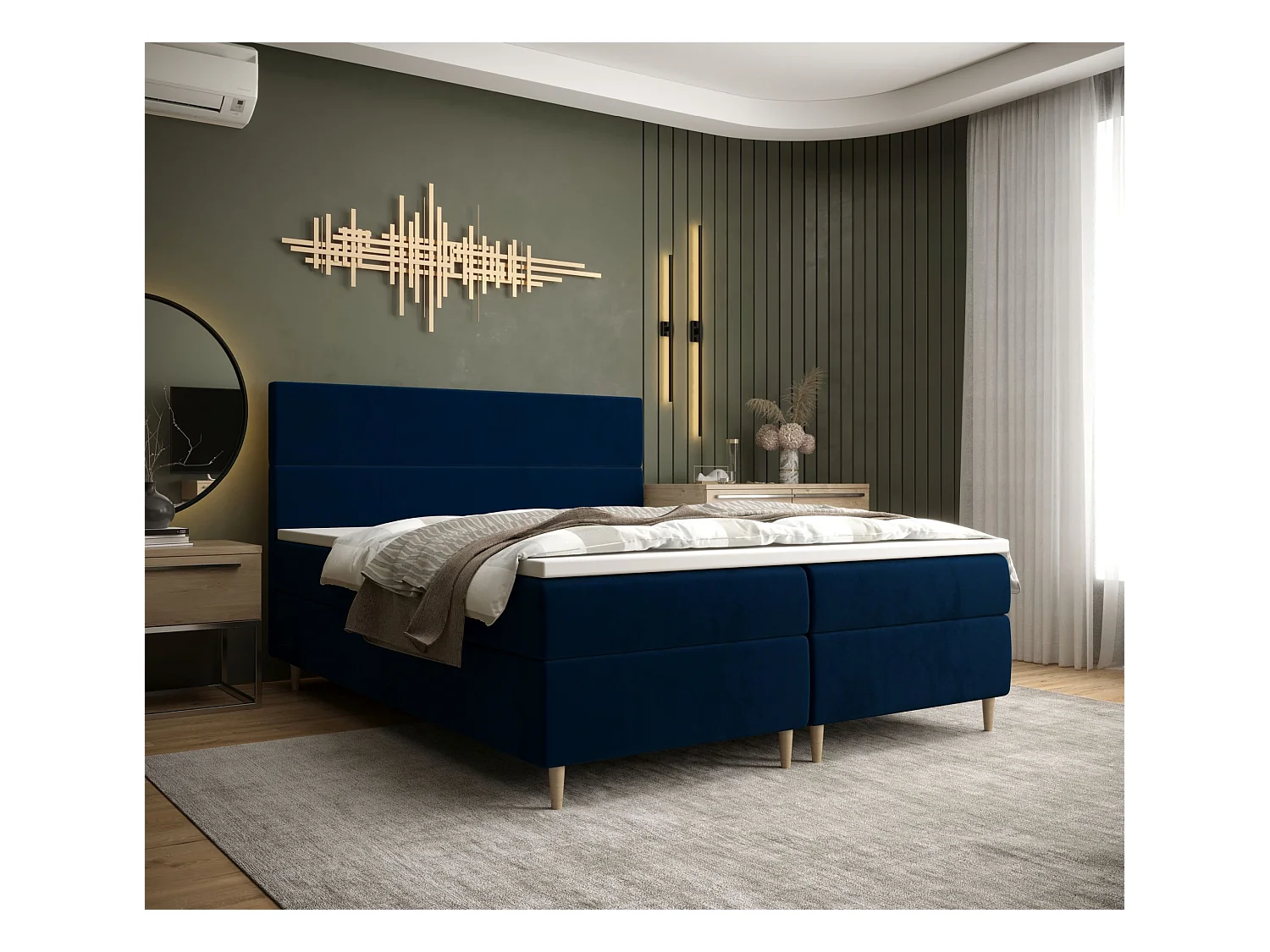 BEDANTE Lit boxspring FLO 140x200 Itaka 11 Bleu foncé Lit Litkasten Lit simple Lit d'hôtel Surmatelas Matelas Chambre à coucher Espace de rangement