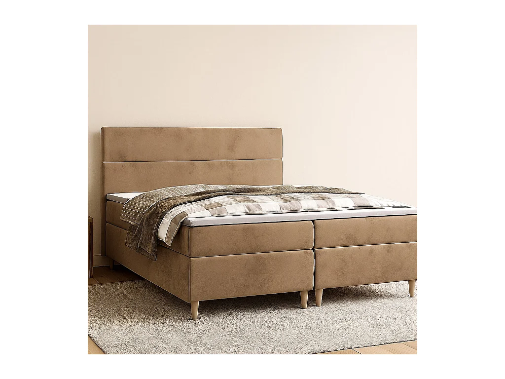 BEDANTE Lit boxspring FLO 140x200 Itaka 48 Marron clair Lit Litkasten Lit simple Lit d'hôtel Surmatelas Matelas Chambre à coucher Espace de rangement