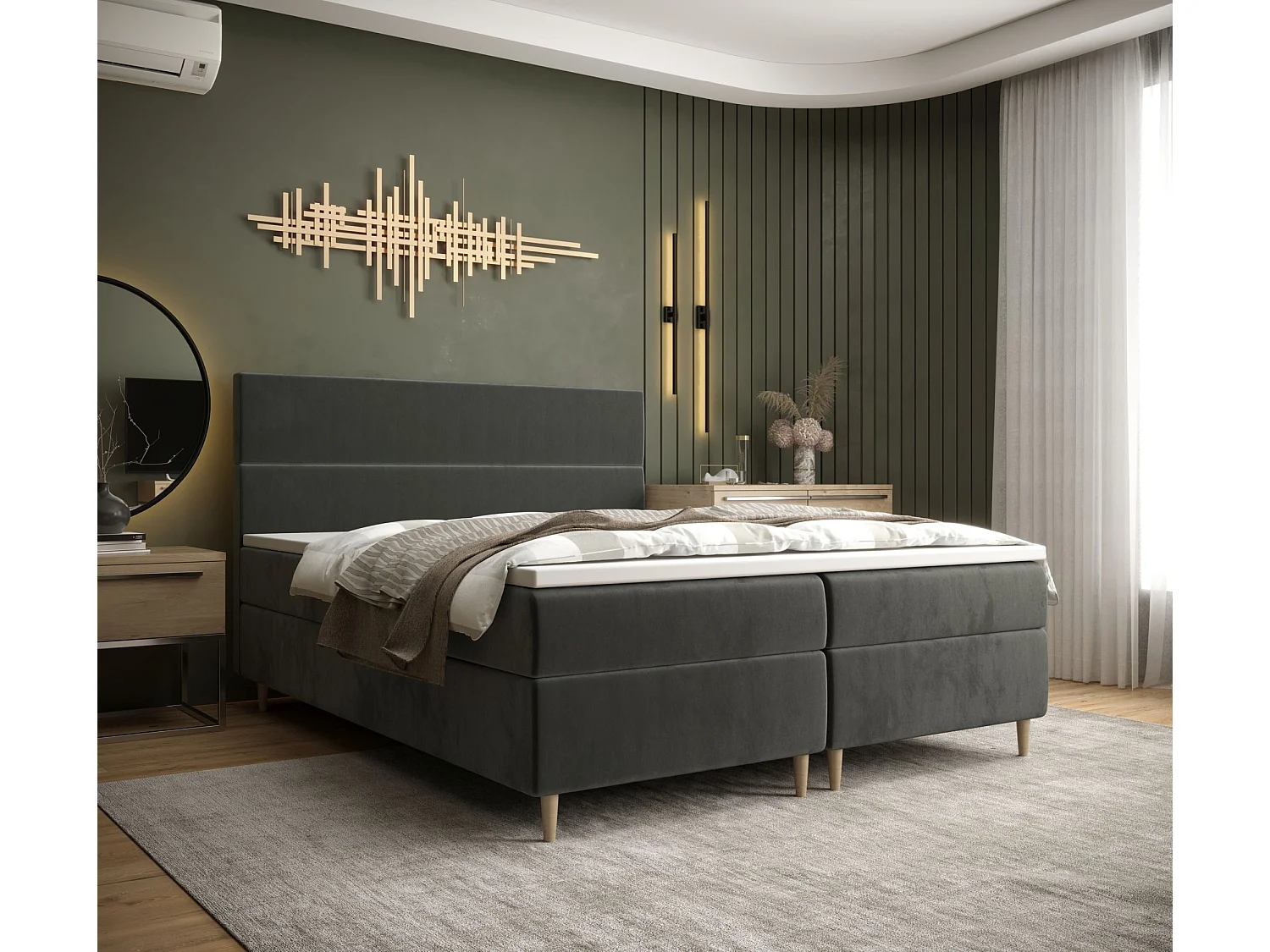 BEDANTE Lit boxspring FLO 160x200 Itaka 27 Gris foncé Lit Litkasten Lit simple Lit d'hôtel Surmatelas Matelas Chambre à coucher Espace de rangement