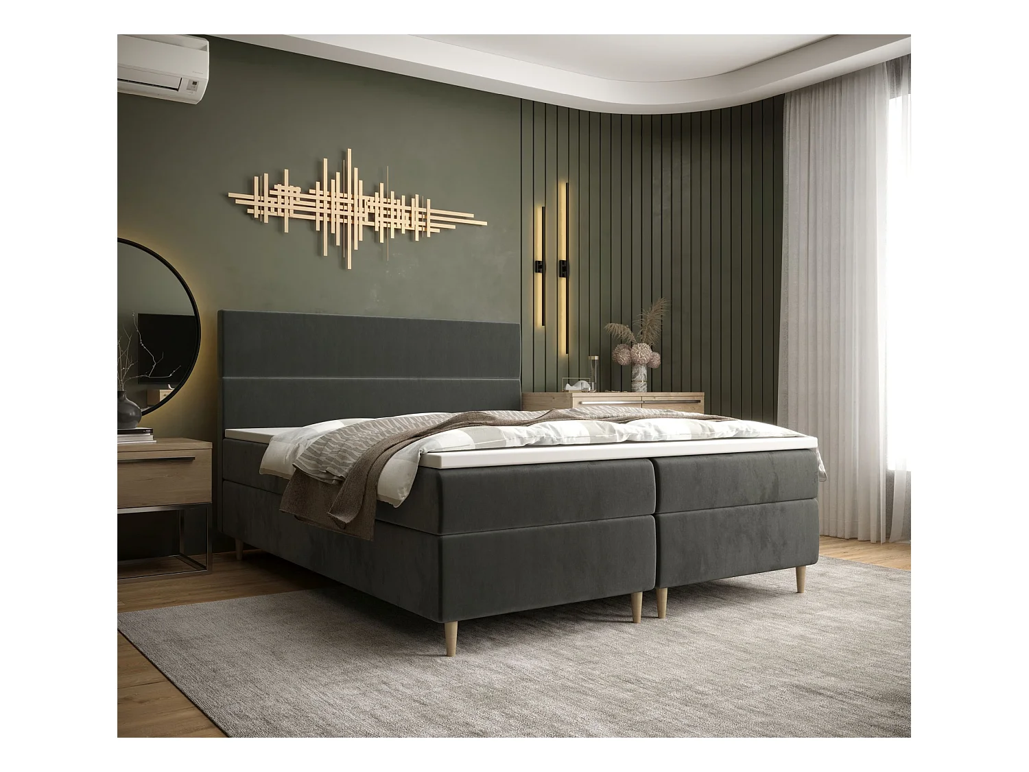 BEDANTE Lit boxspring FLO 180x200 Itaka 27 Gris foncé Lit Litkasten Lit simple Lit d'hôtel Surmatelas Matelas Chambre à coucher Espace de rangement