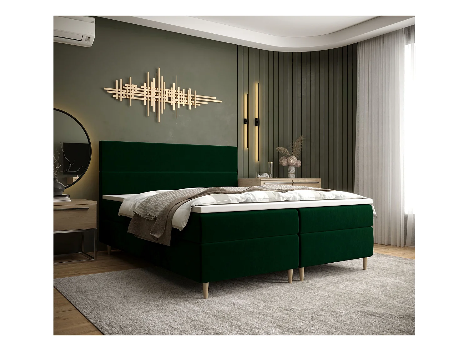 BEDANTE Lit boxspring FLO 180x200 Itaka 10 Vert foncé Lit Litkasten Lit simple Lit d'hôtel Surmatelas Matelas Chambre à coucher Espace de rangement