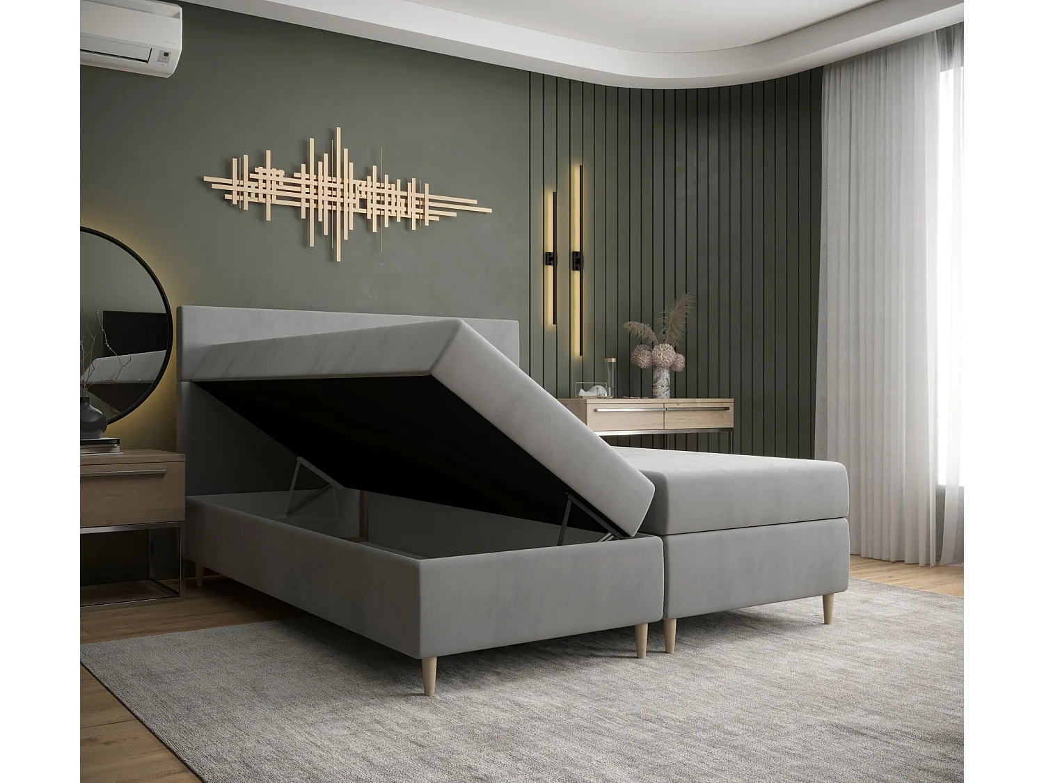 BEDANTE Lit boxspring FLO 160x200 Itaka 10 Vert foncé Lit Litkasten Lit simple Lit d'hôtel Surmatelas Matelas Chambre à coucher Espace de rangement