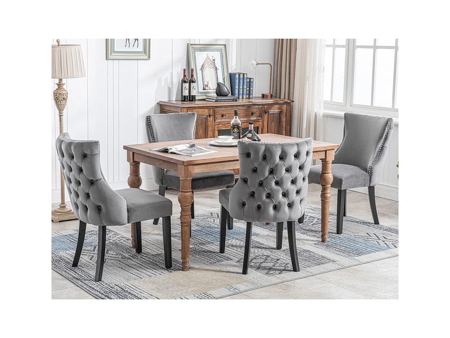 Lot de 4 chaises en velours gris avec pieds en bois gris, boutons décoratifs et rivets argentés