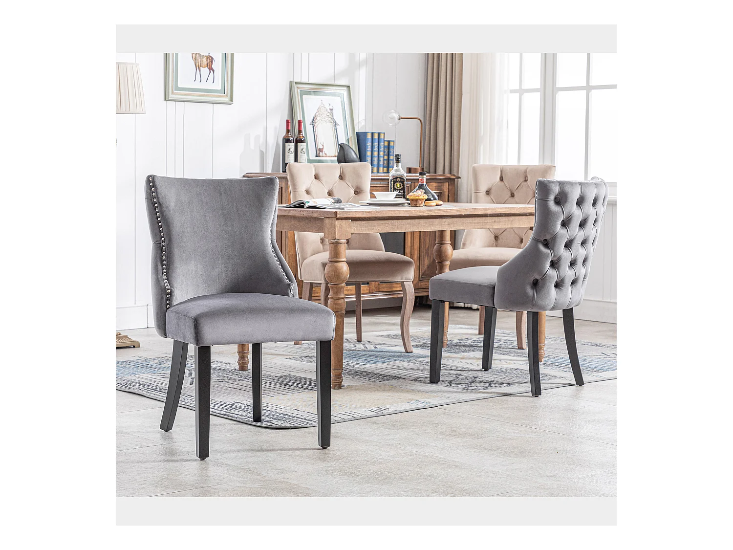 Lot de 4 chaises en velours gris avec pieds en bois gris, boutons décoratifs et rivets argentés