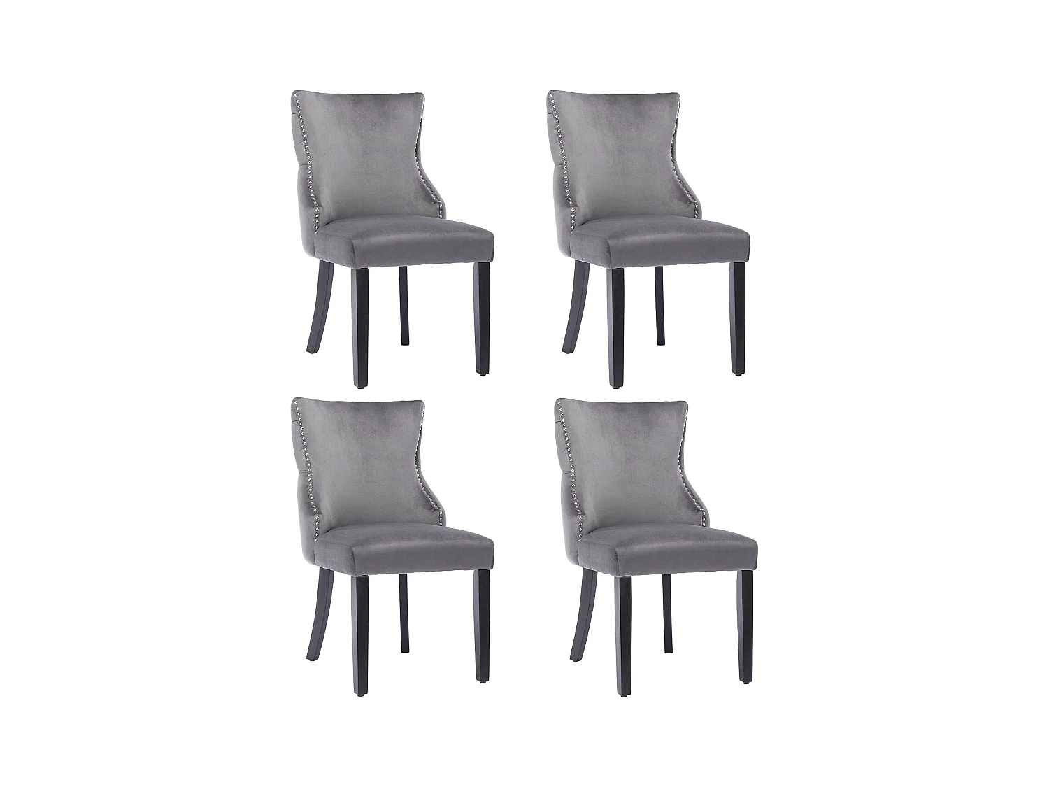Lot de 4 chaises en velours gris avec pieds en bois gris, boutons décoratifs et rivets argentés