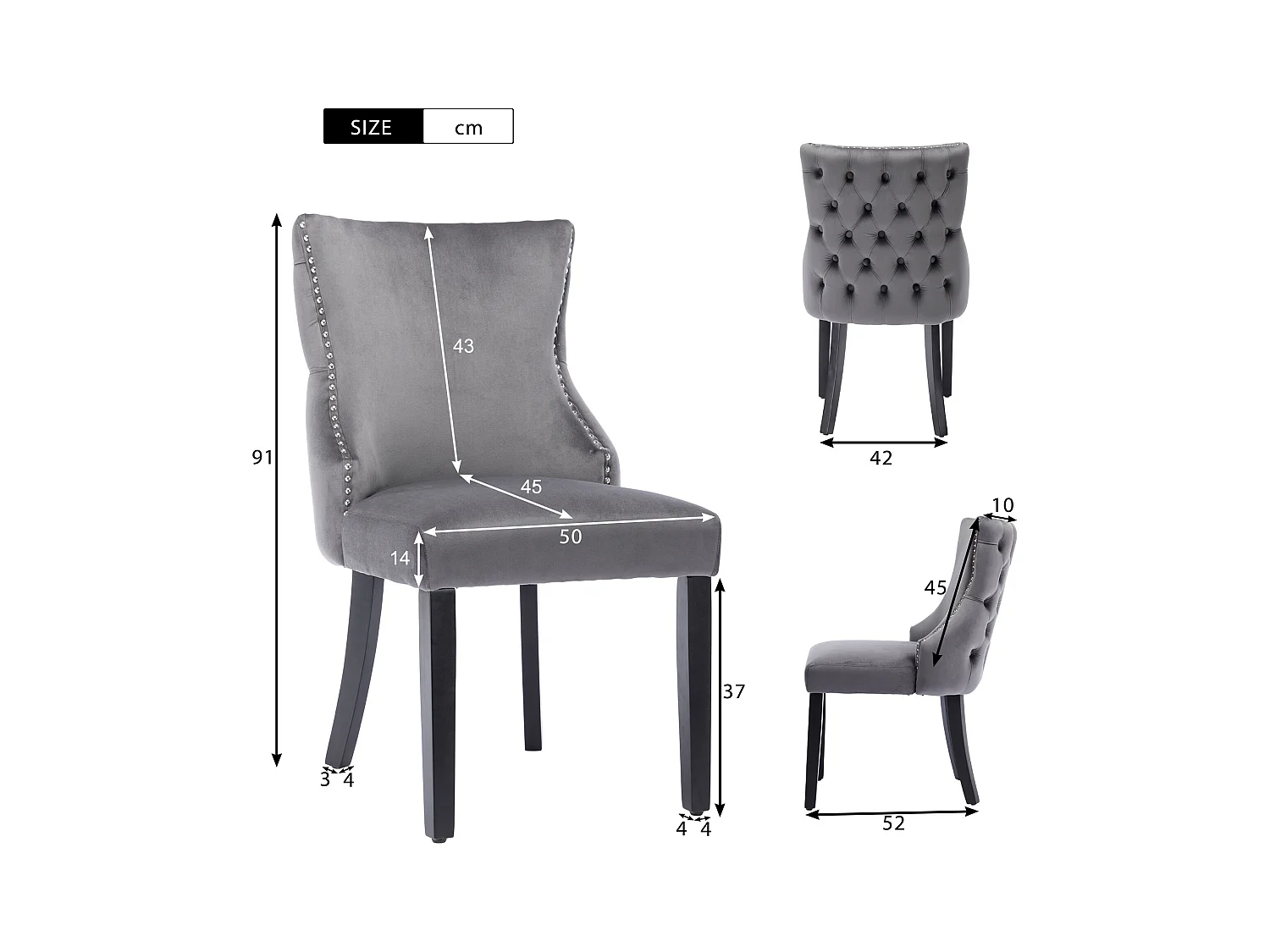 Lot de 4 chaises en velours gris avec pieds en bois gris, boutons décoratifs et rivets argentés