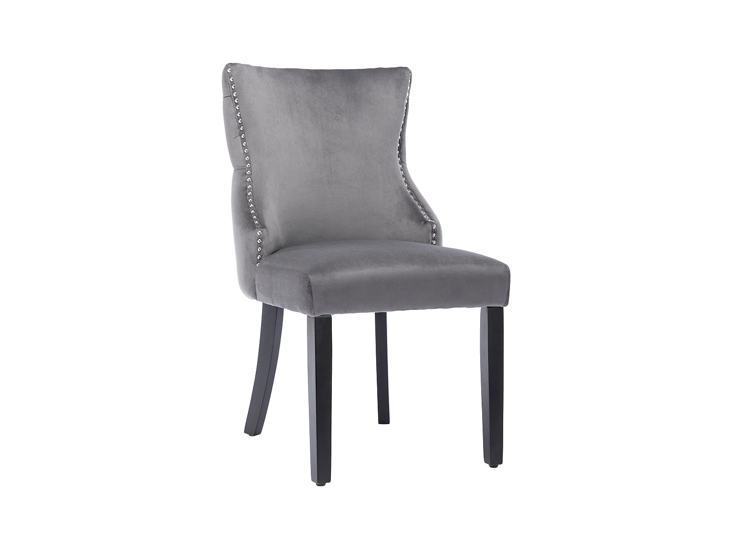 Lot de 4 chaises en velours gris avec pieds en bois gris, boutons décoratifs et rivets argentés