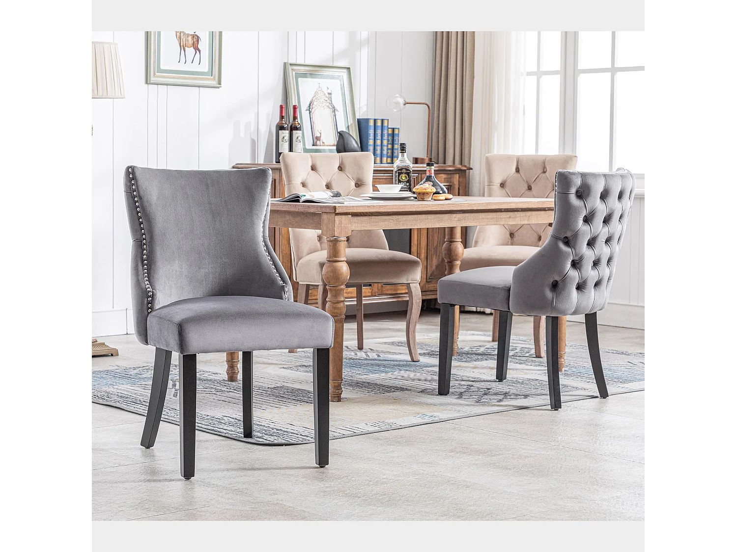 Lot de 4 chaises en velours gris avec pieds en bois gris, boutons décoratifs et rivets argentés